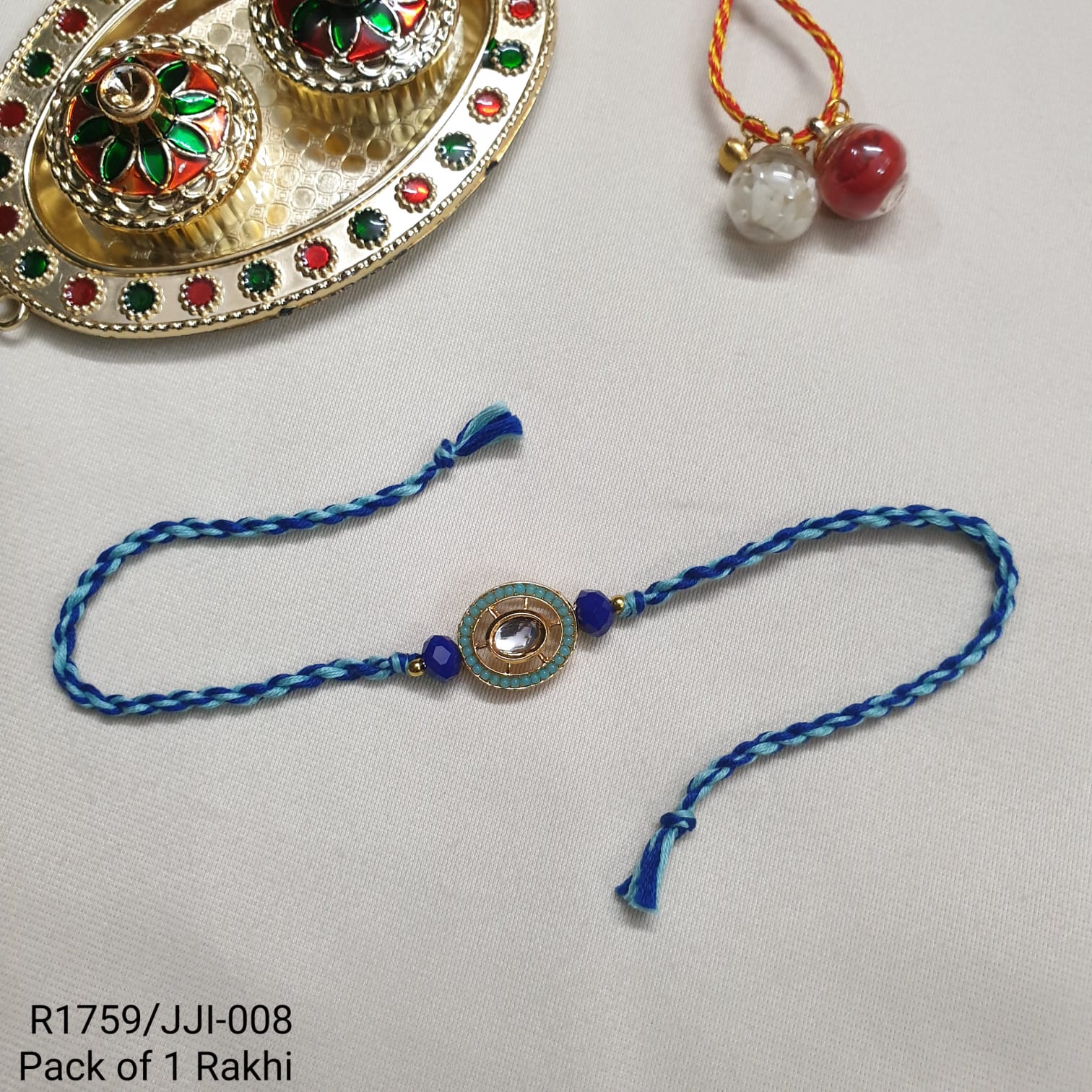 Kundan Blue Bead Rakhi For Brother
