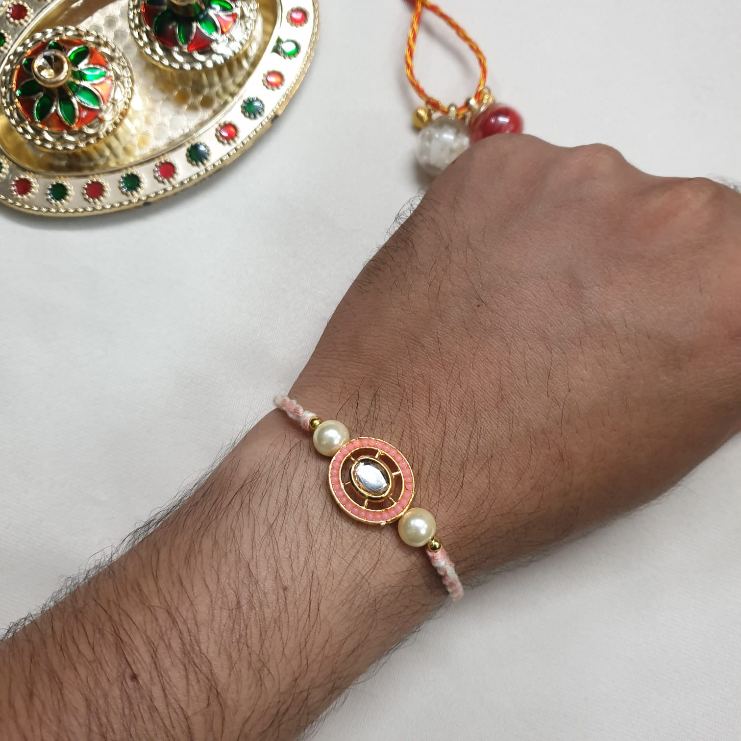 Kundan Pink Beaded Rakhi