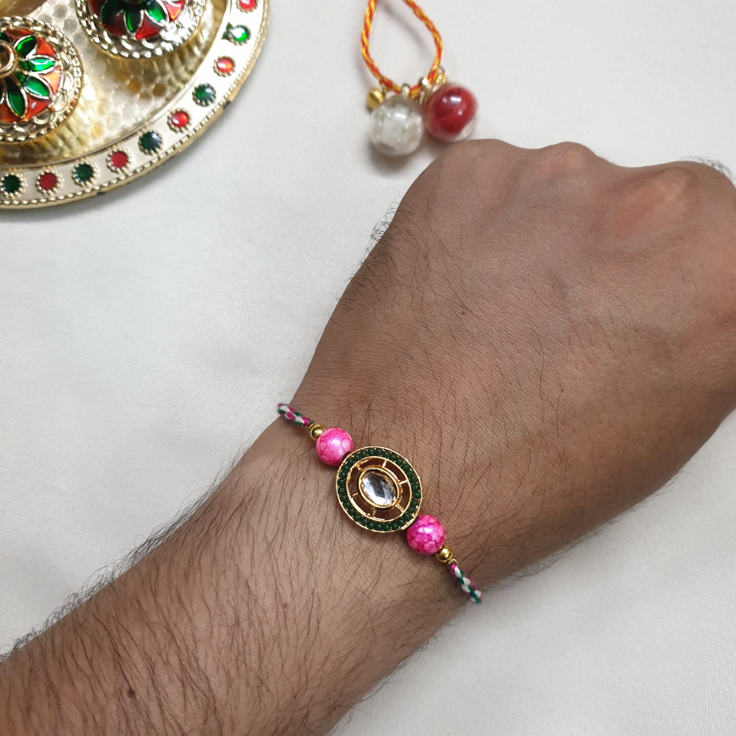 Kundan Green Bead Rakhi