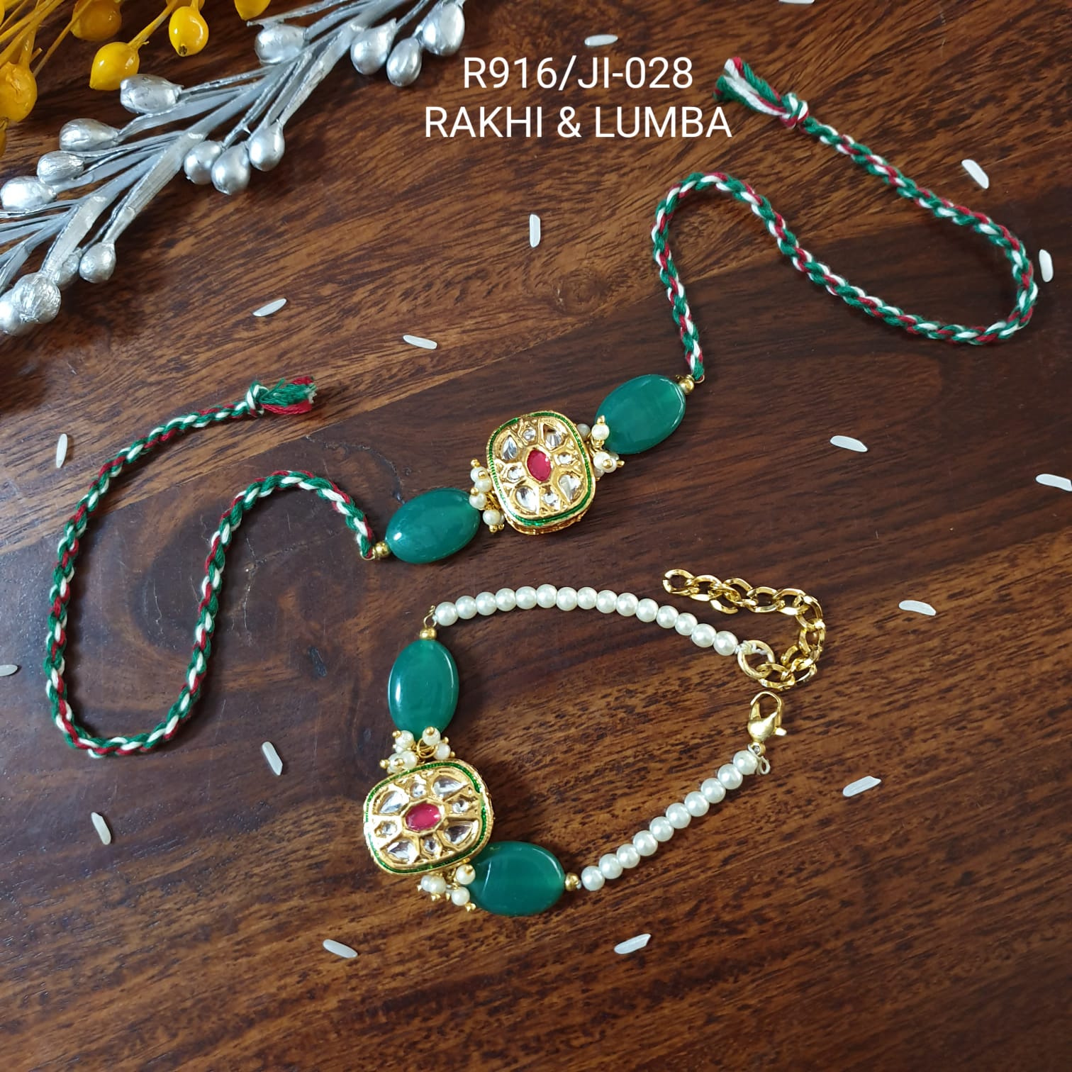 Green Stone Kundan Bhaiya Bhabhi Rakhi Set