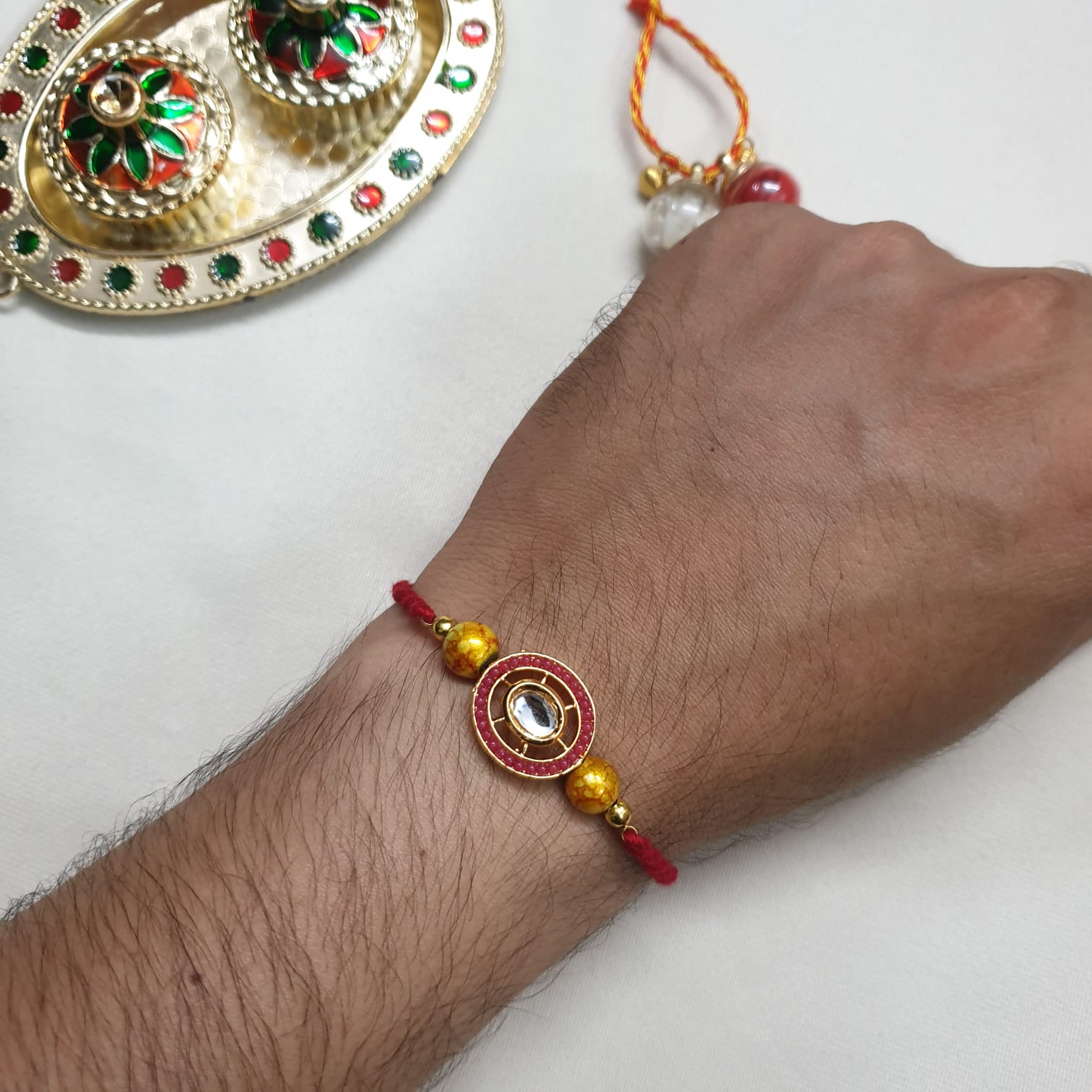 Kundan Red Bead Rakhi For Brother