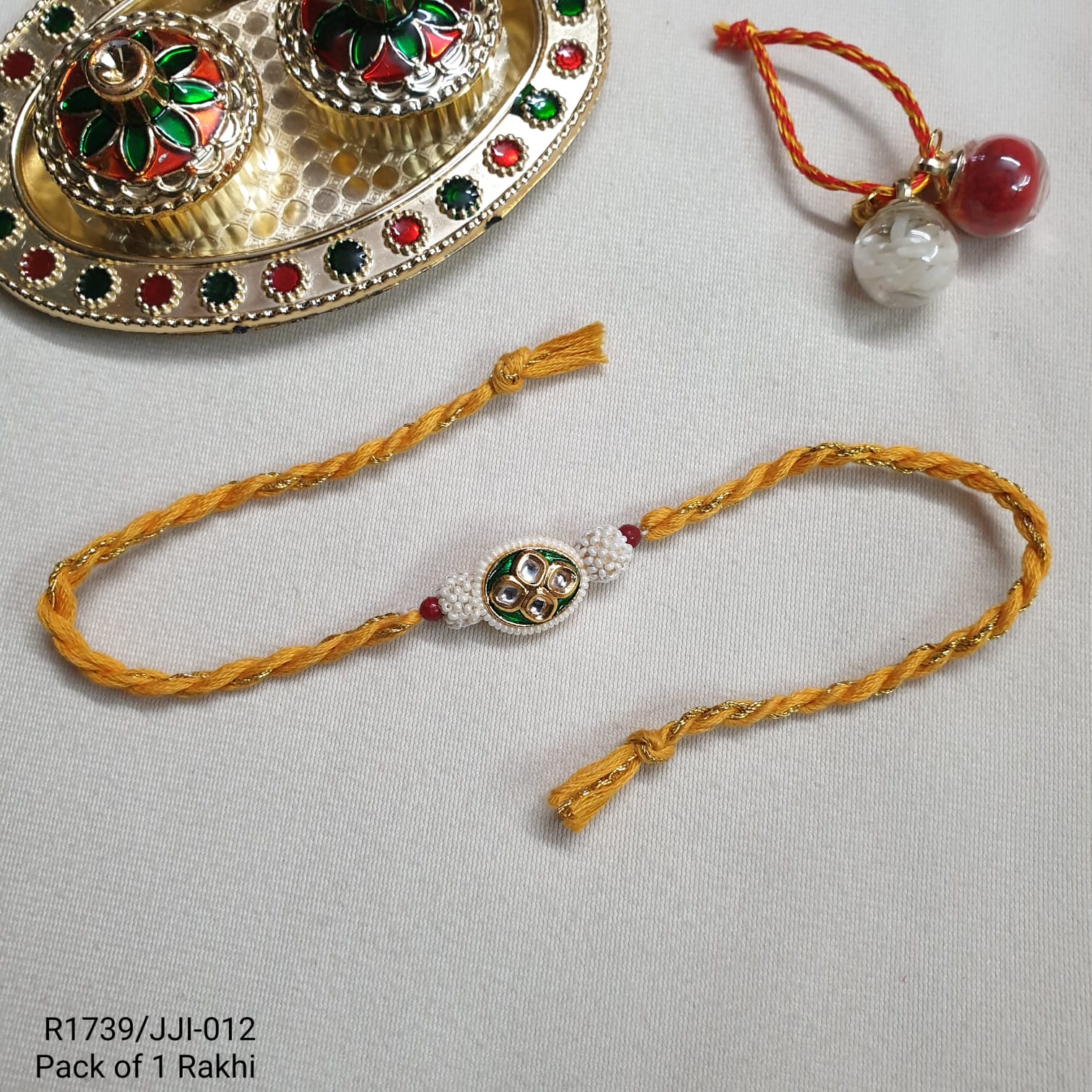 Kundan Yellow Thread Rakhi For Brother