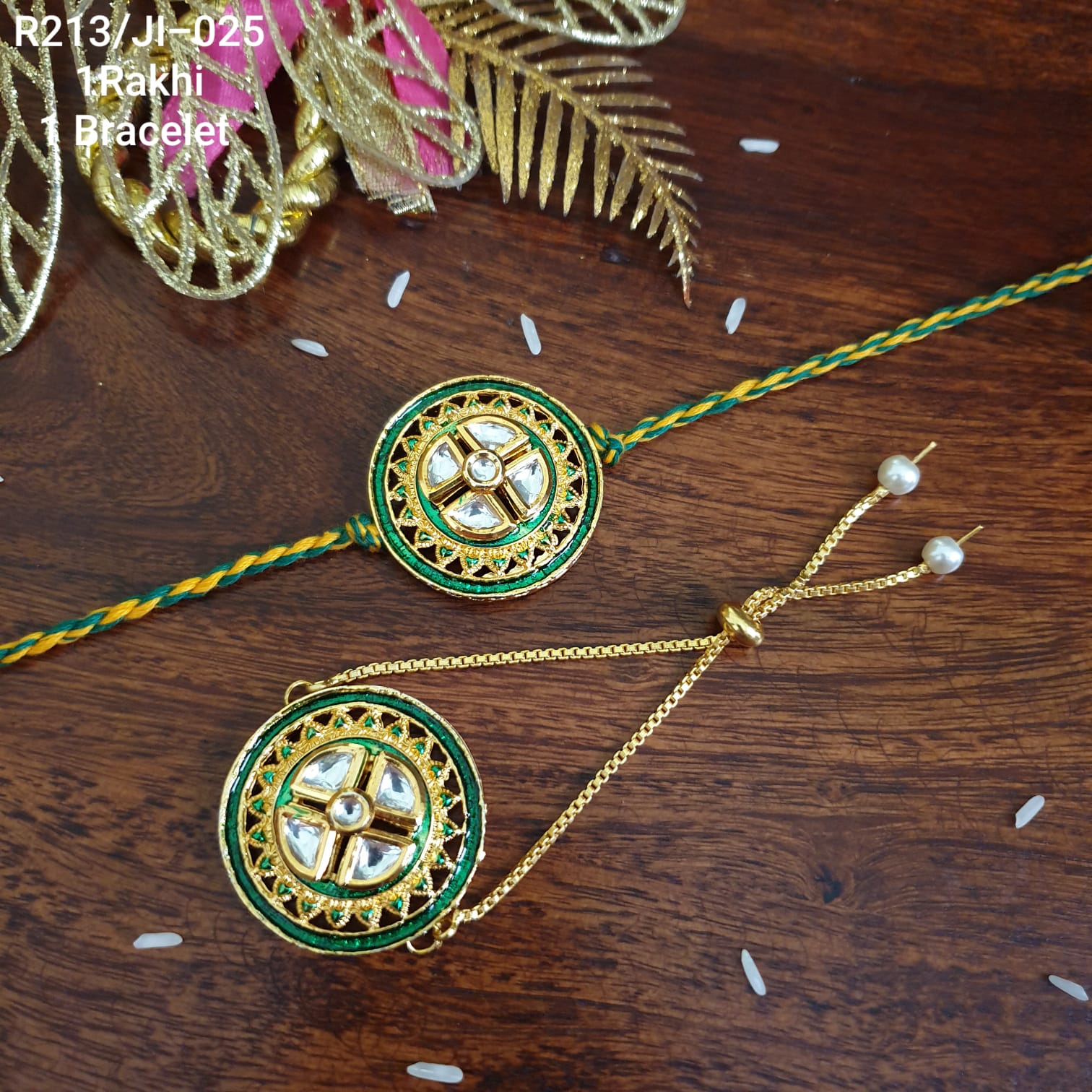 Green Kundan Meenakari Bhaiya Bhabhi Rakhi Set