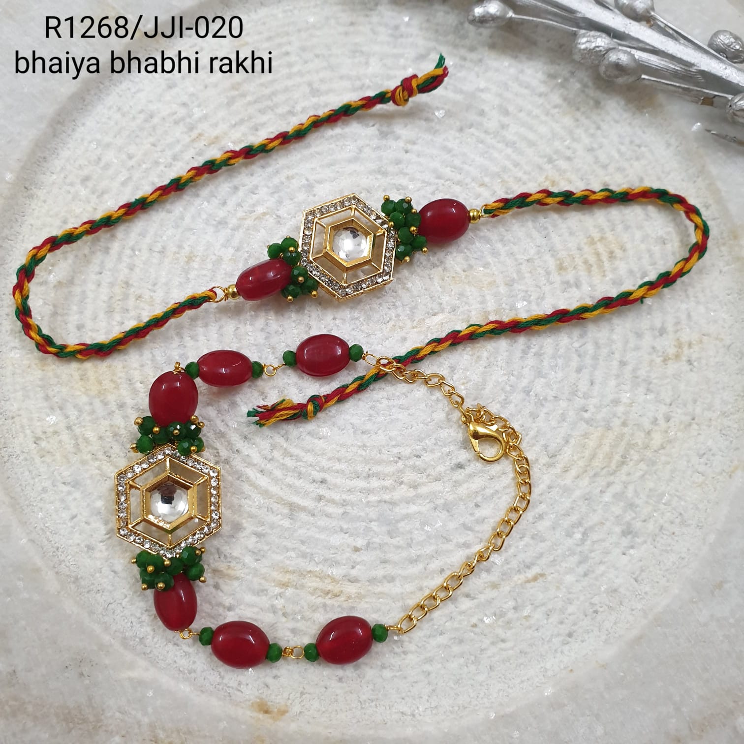 Red Green Kundan Rakhi Set For Rakshabandhan