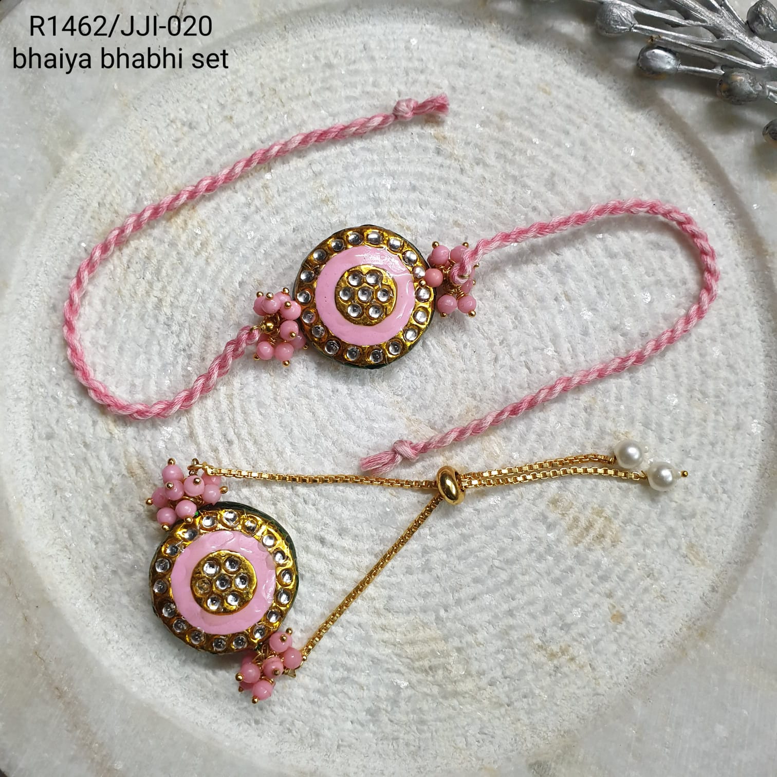 Light Pink Kundan Meenakari Rakhi Set For Bhai Bhabhi