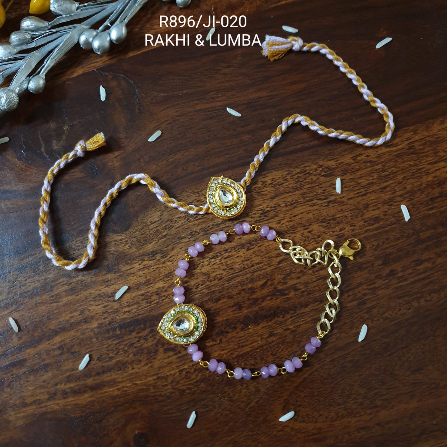 Mauve Drop Kundan Rakhi For Bhaiya Bhabhi