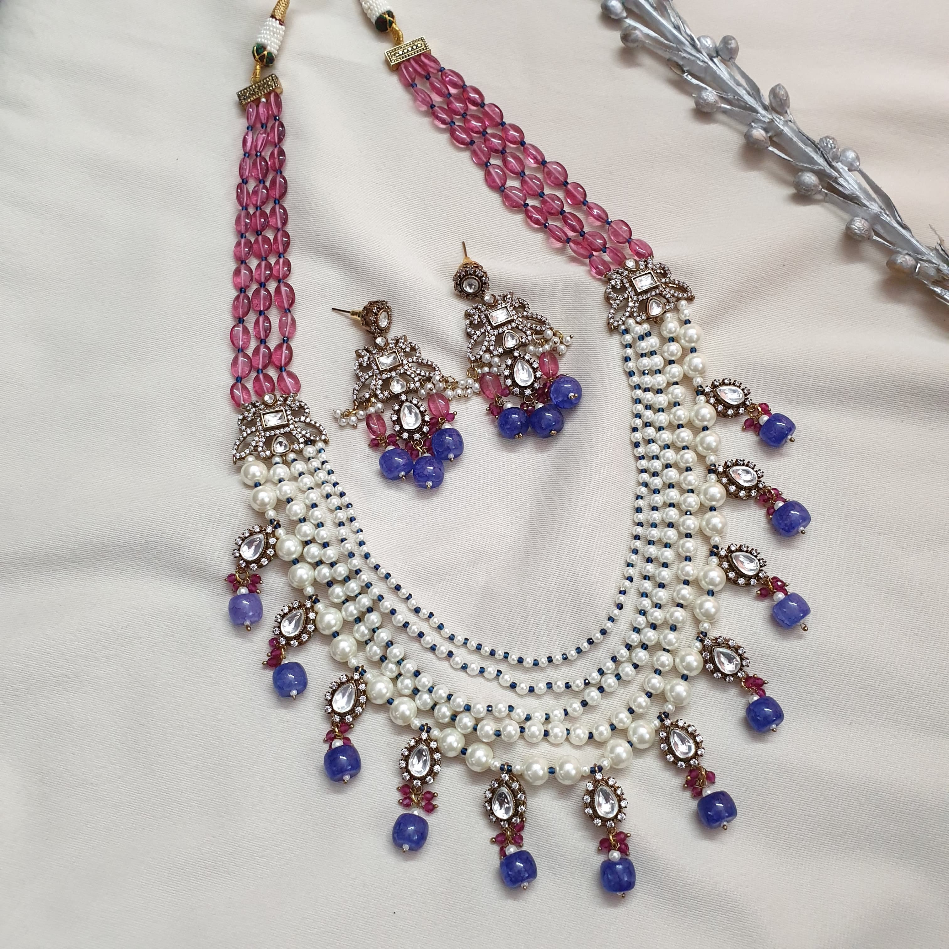 Pink Blue Beaded Kundan Polki Rani Haar Necklace