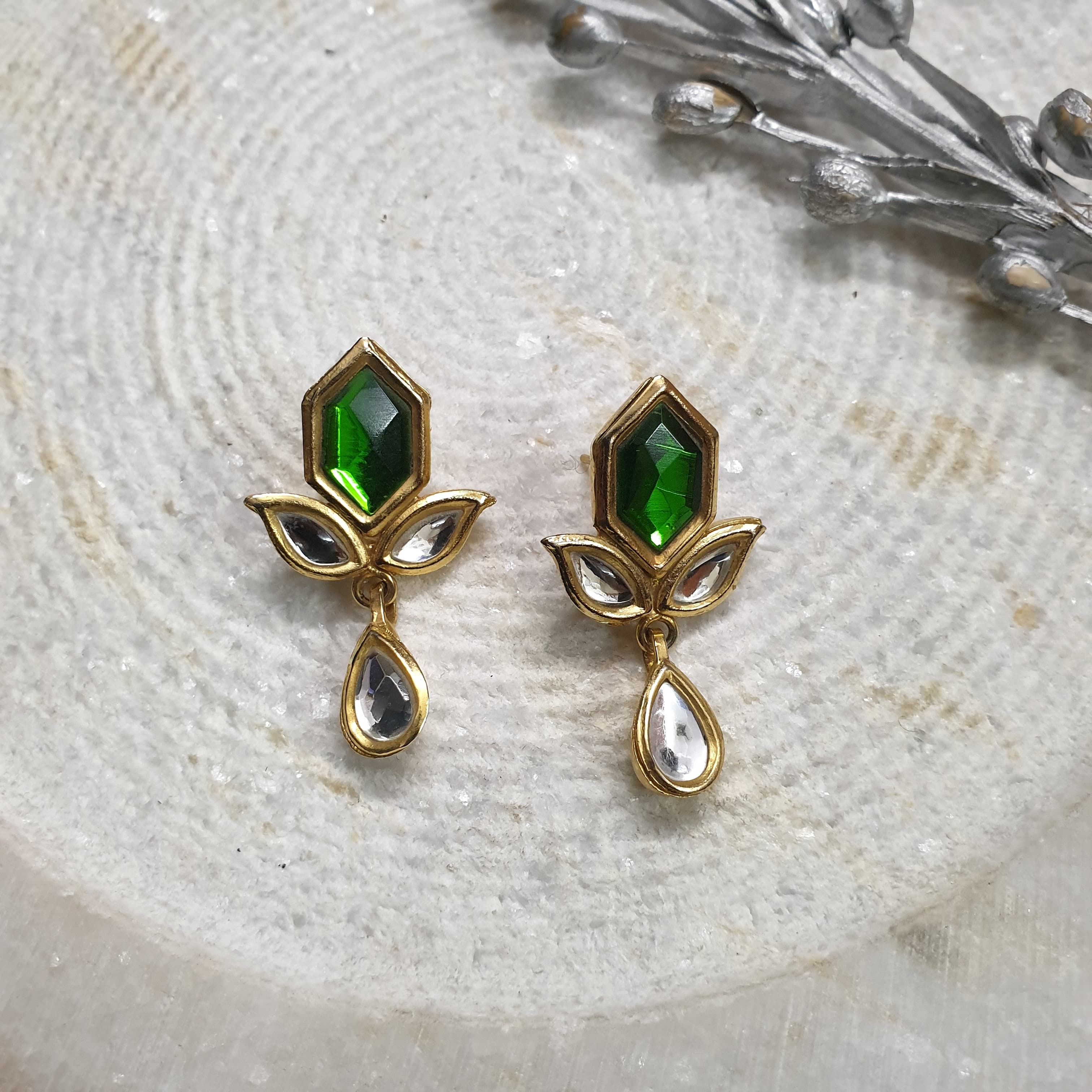22k Gold Plated Green Leaf Stud Kundan Earrings