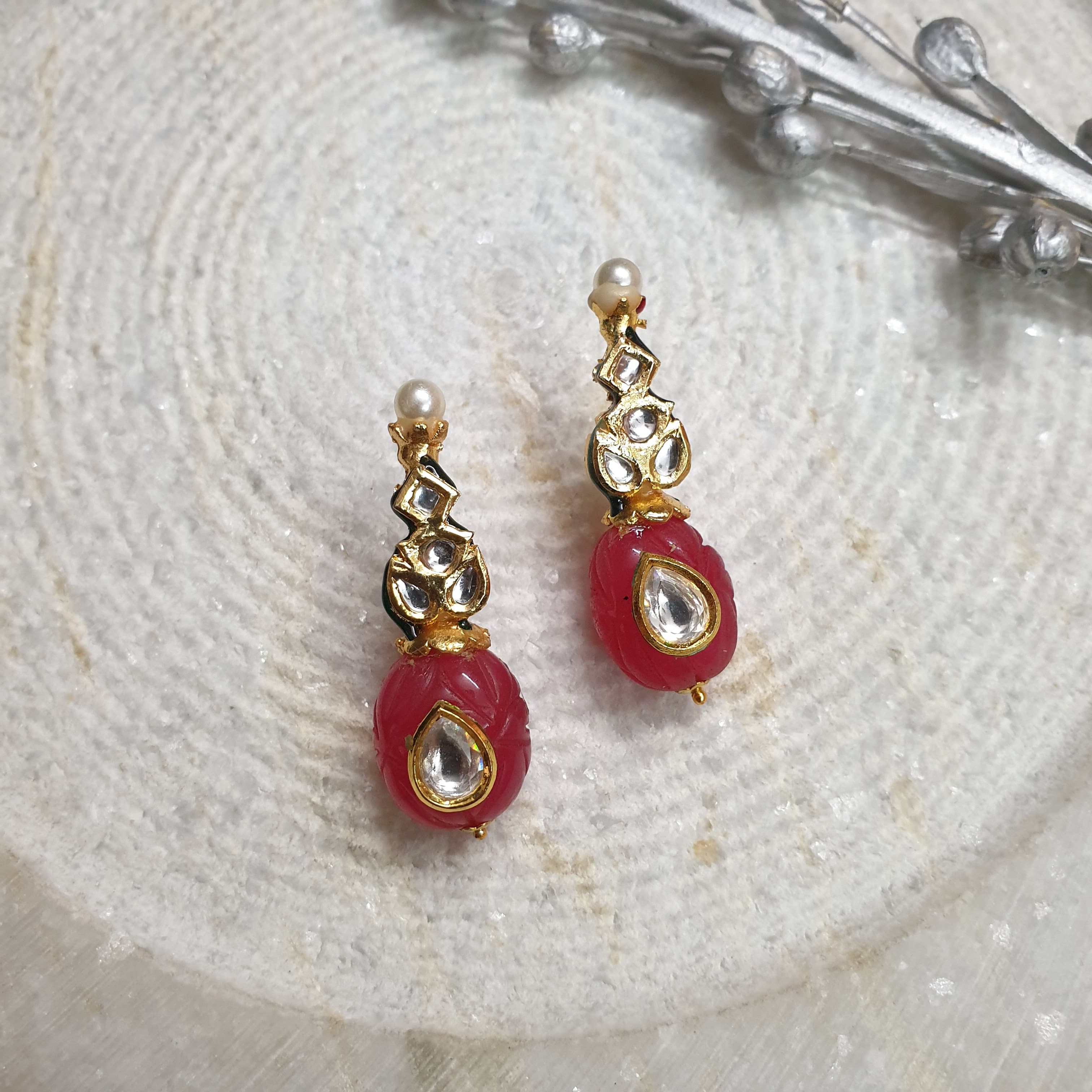Ruby Engraved Stone Kundan Small Earrings