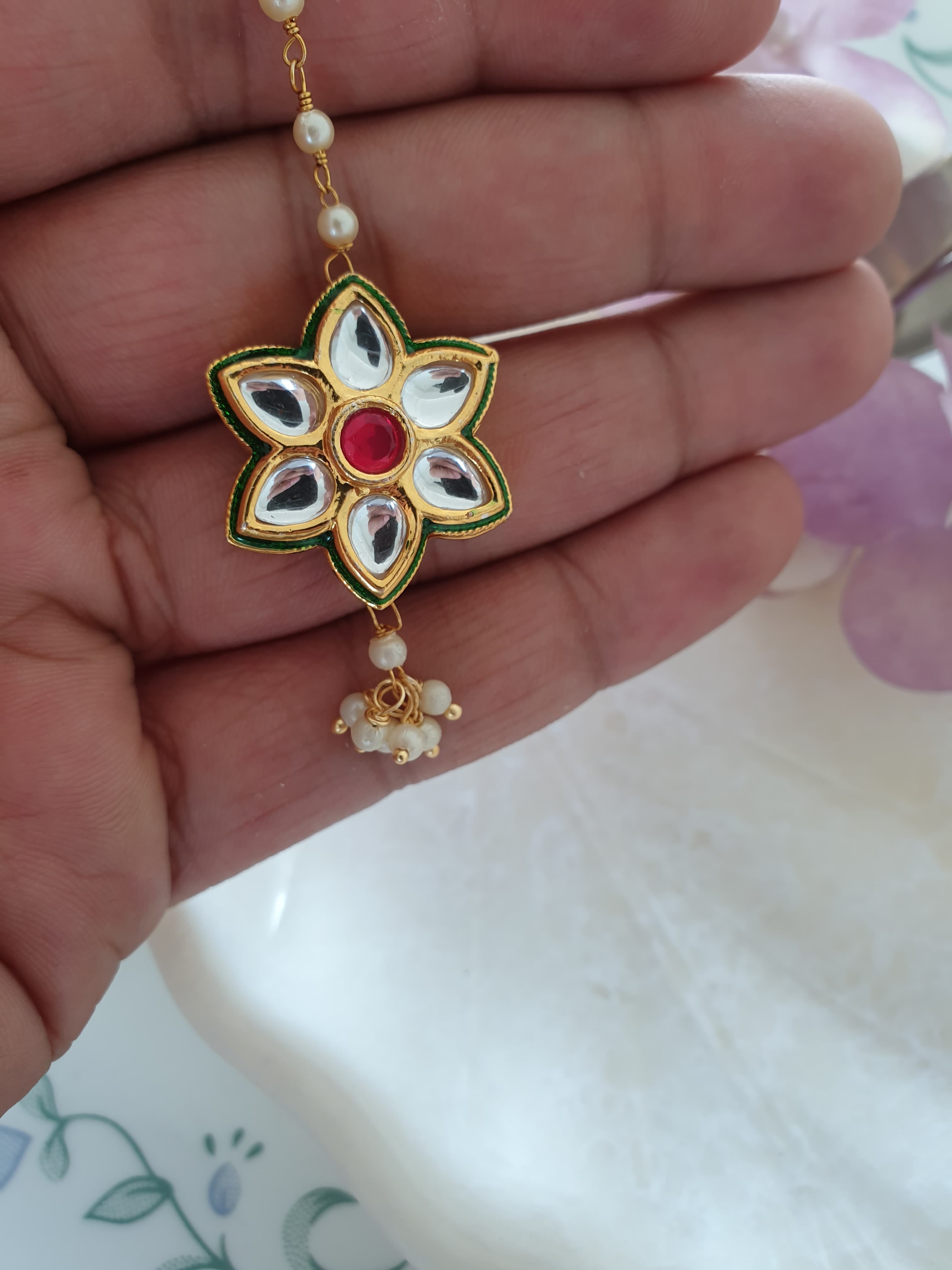 Floral Kundan Meenakari Pearl Beaded Maang Tikka