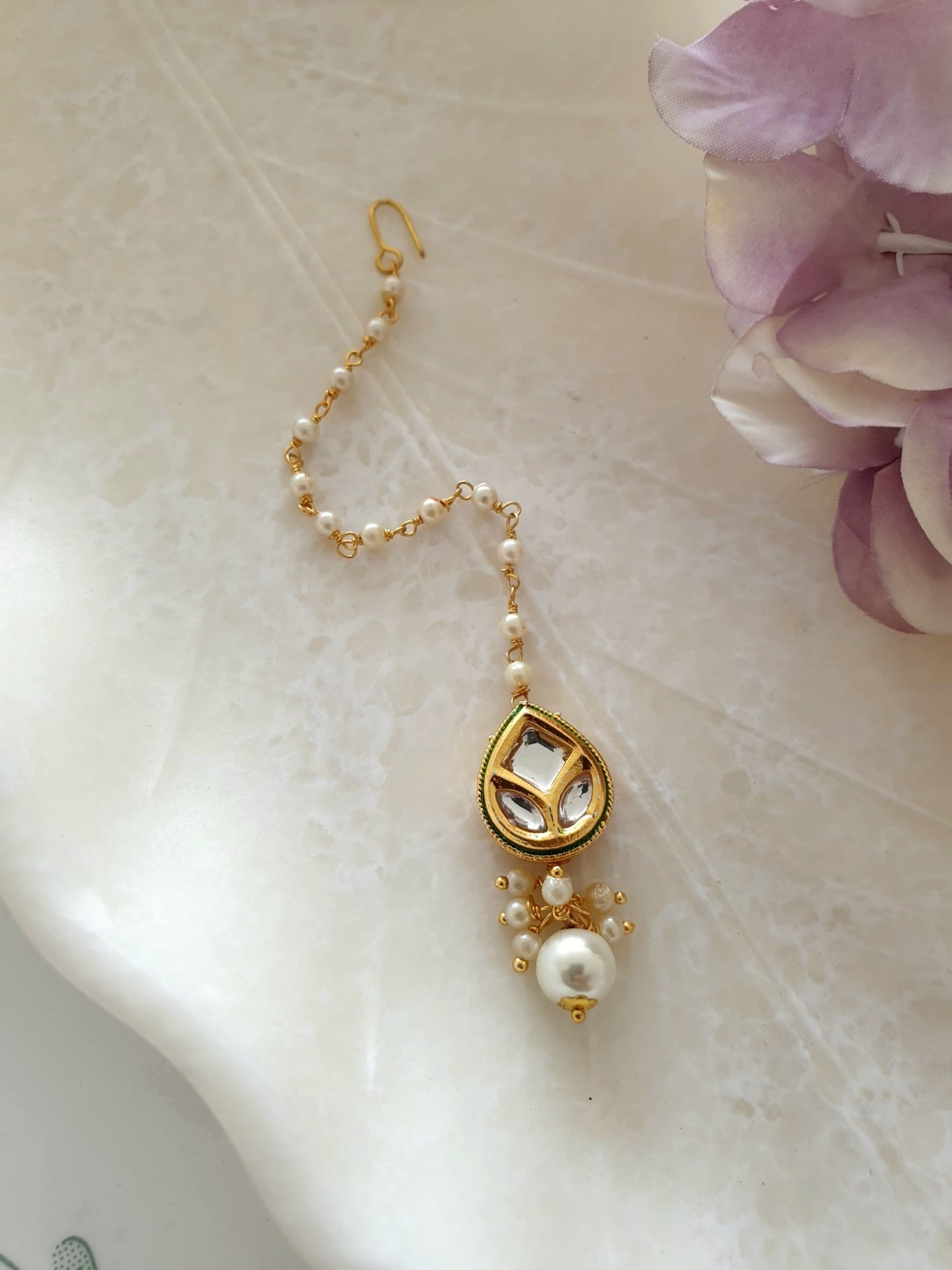 Adorable Tear-Drop Kundan and Pearl Stone Maang Tikka