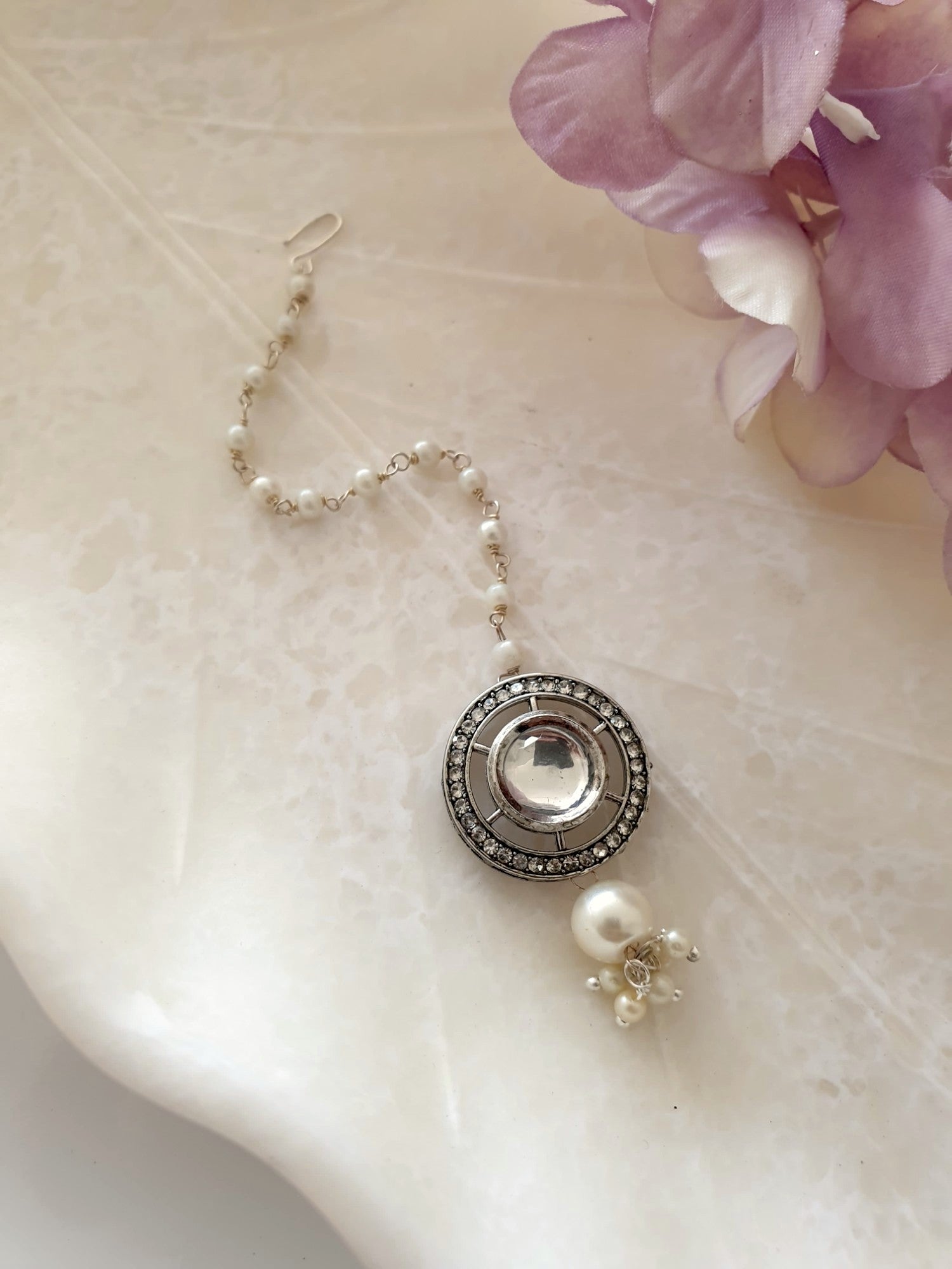 Silver Kundan Polki Pearl Beaded Maang Tikka