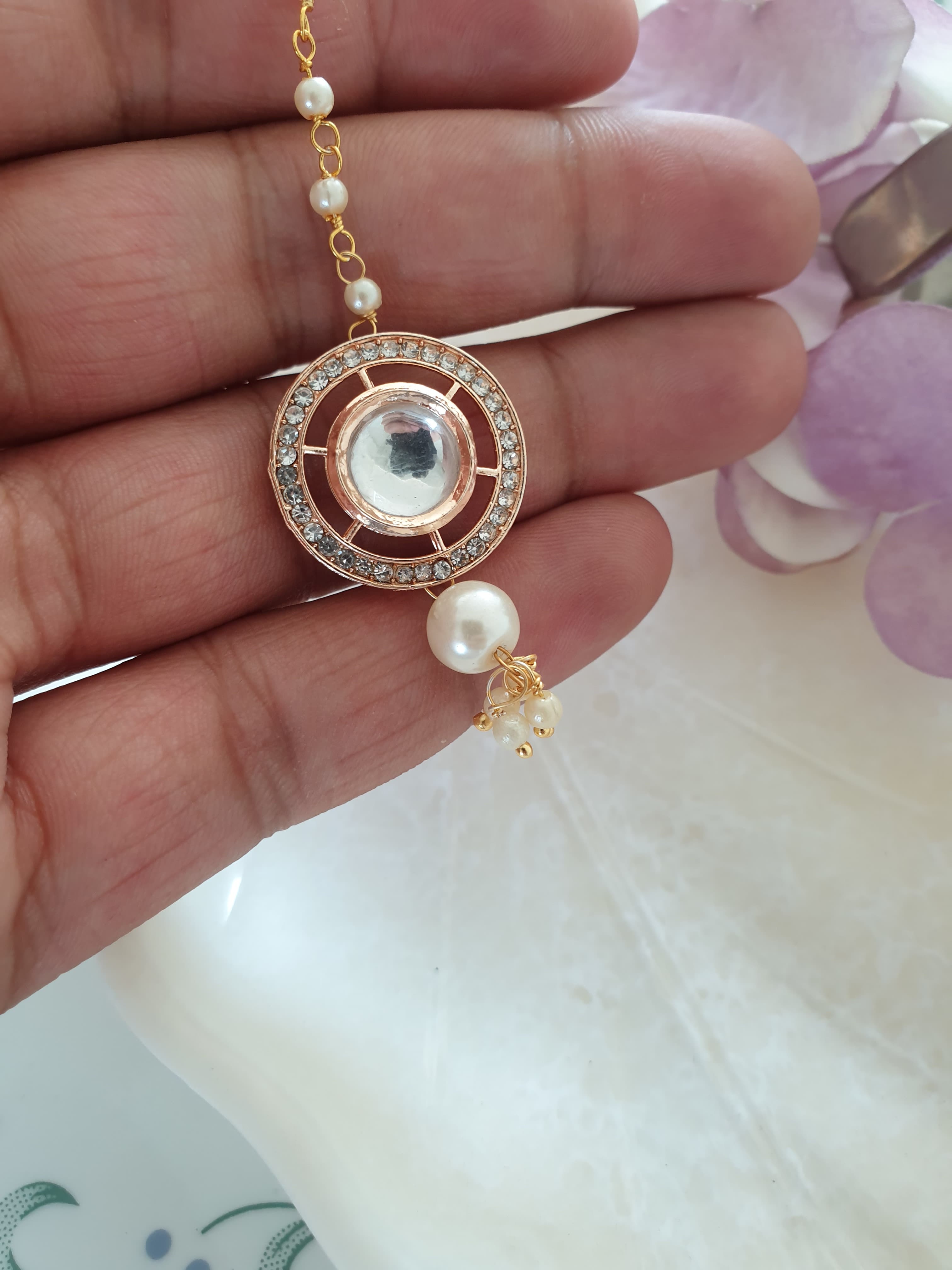 Rose Gold Kundan Polki Pearl Beaded Maang Tikka