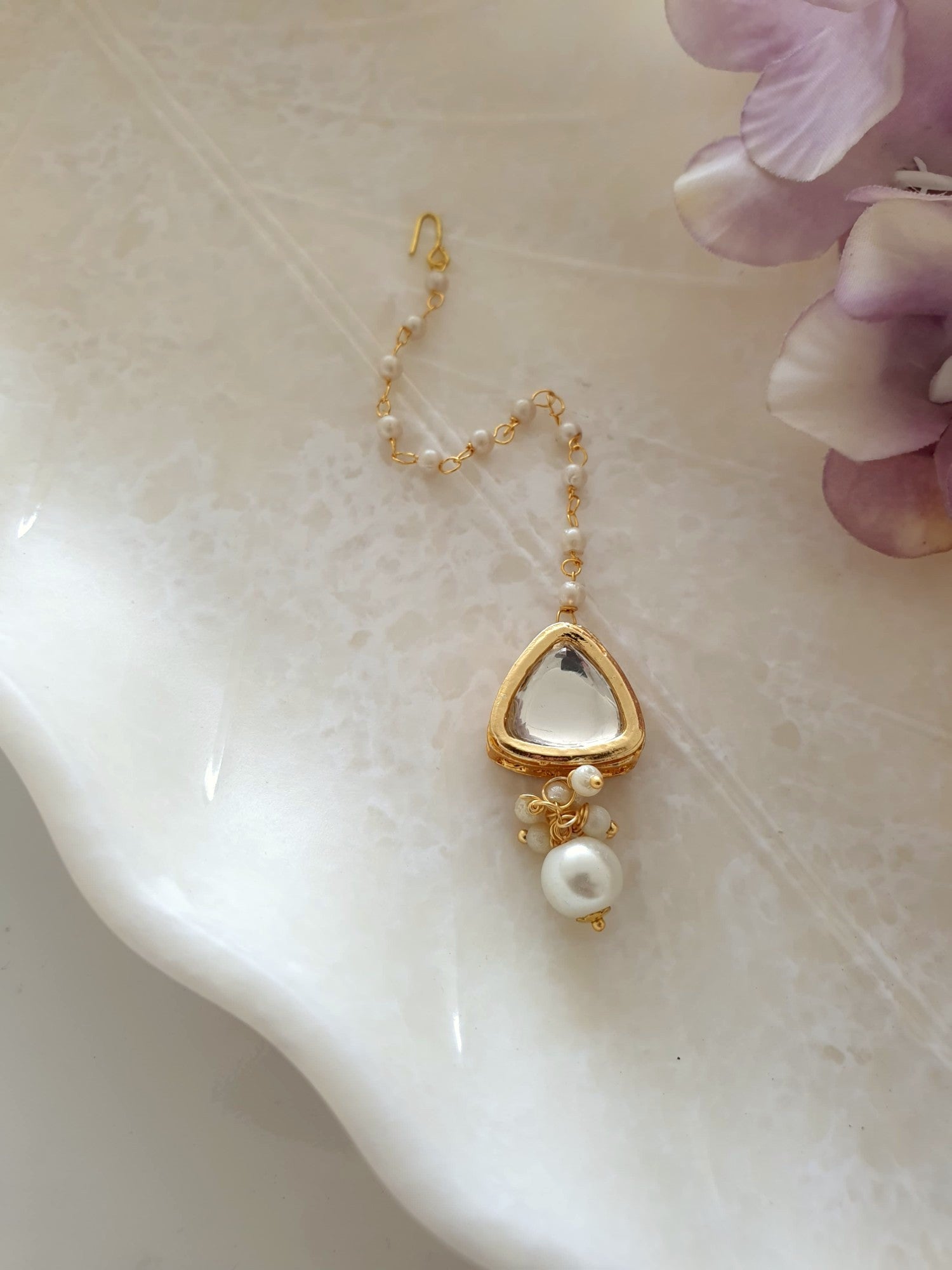 Triangle Kundan and Pearl Stone Maang Tikka