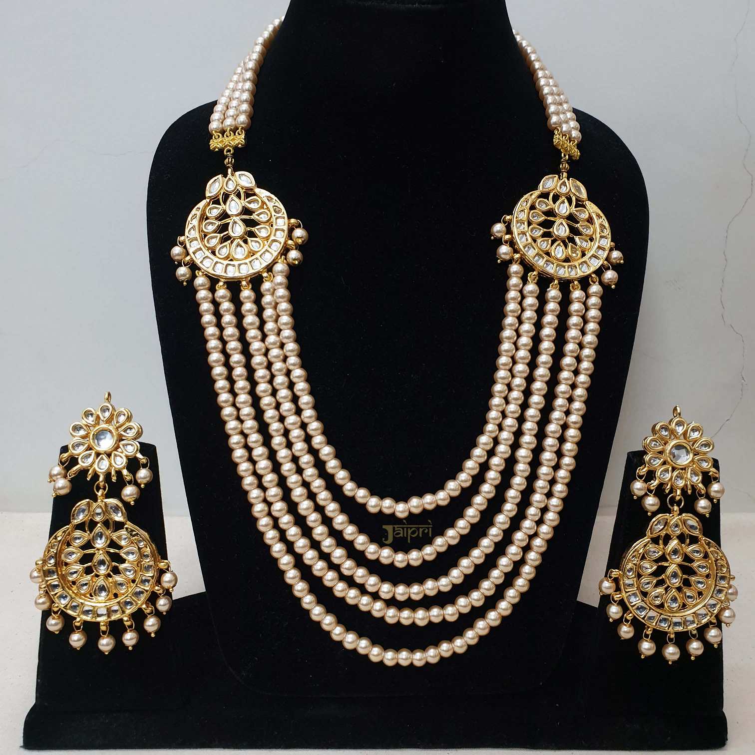 Kundan and Pearl Beads Stone Necklace With Earrings