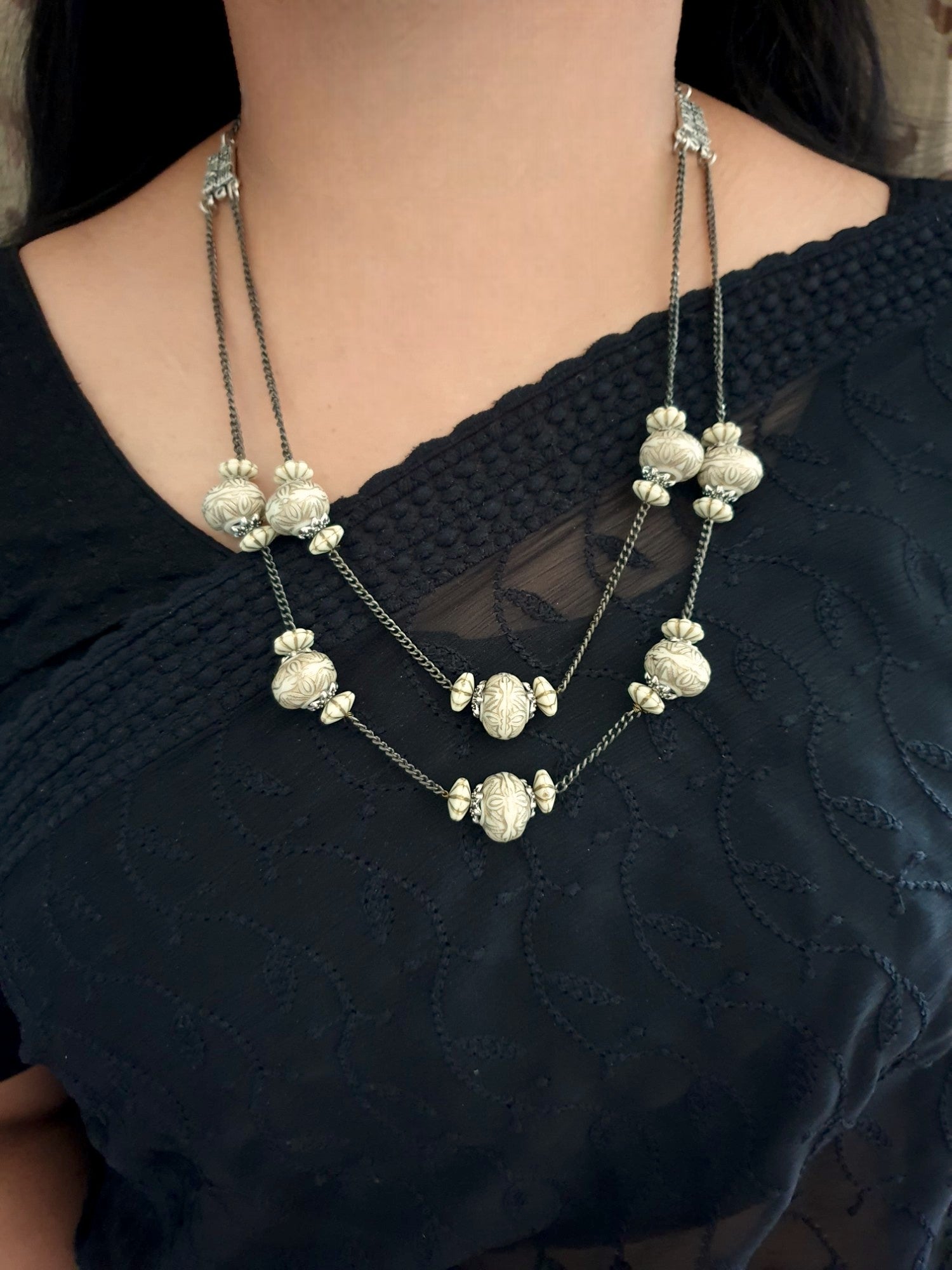 Double Layer Oxidized Beads Necklace With Earrings