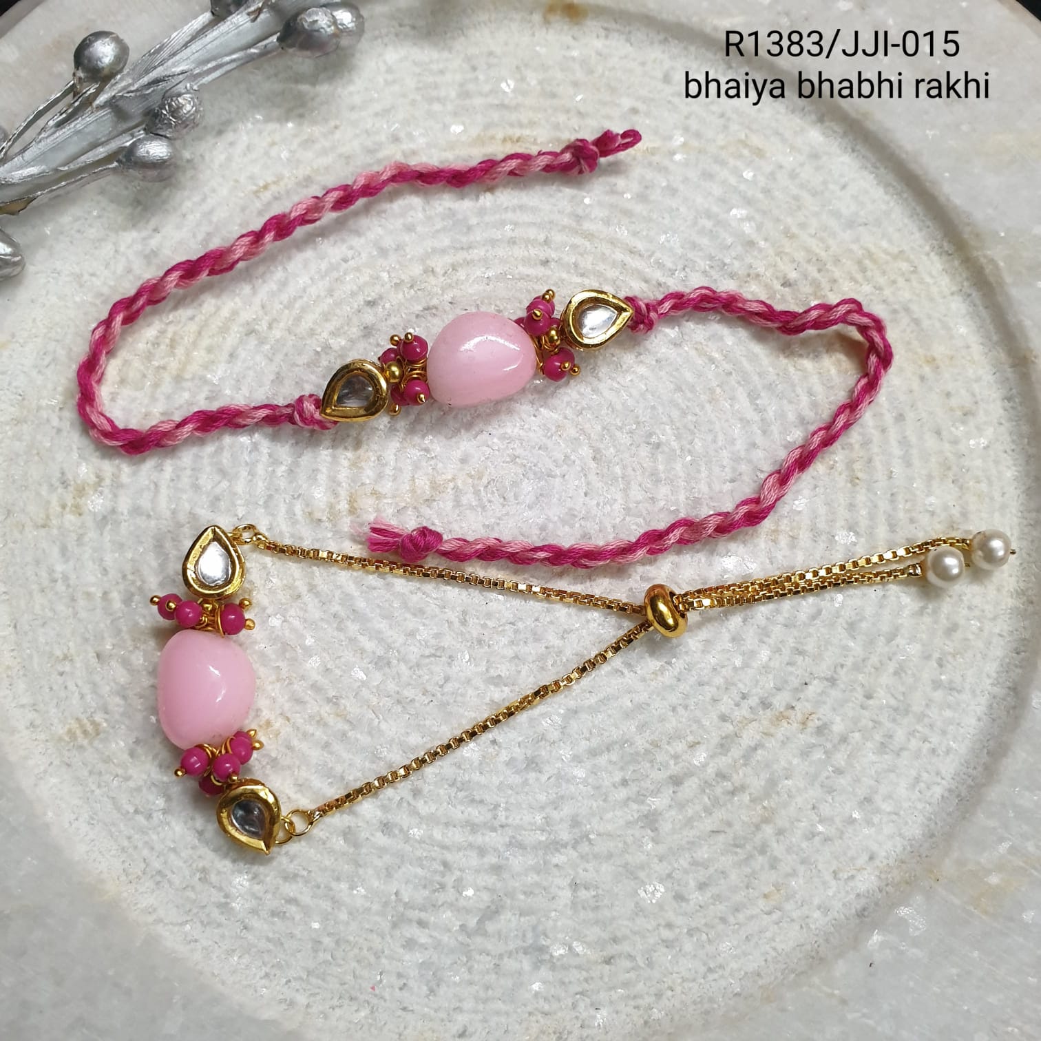 Light Pink Kundan Couple Rakhi For Rakshabandhan