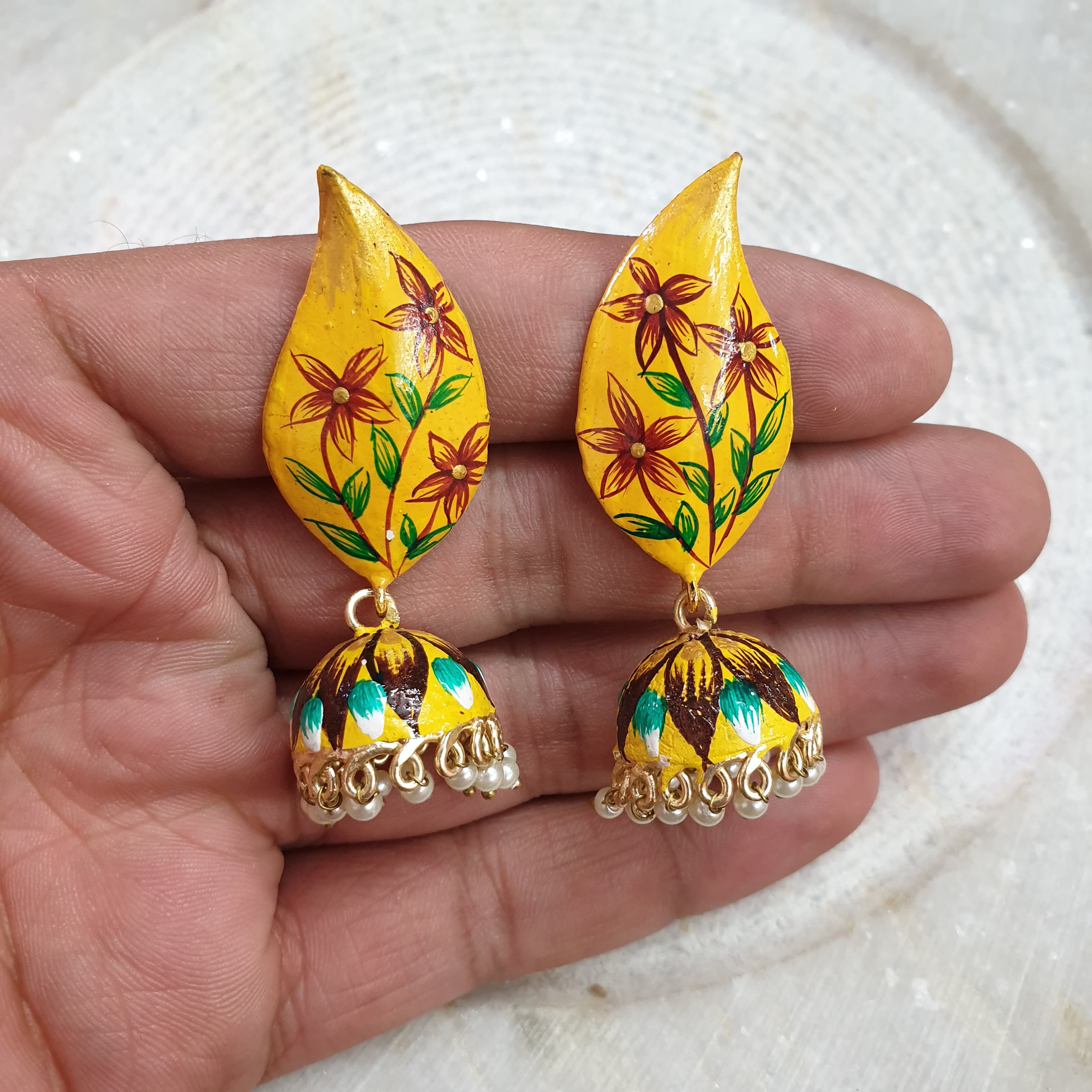 Yellow Floral Handpainted Jhumki Earrings