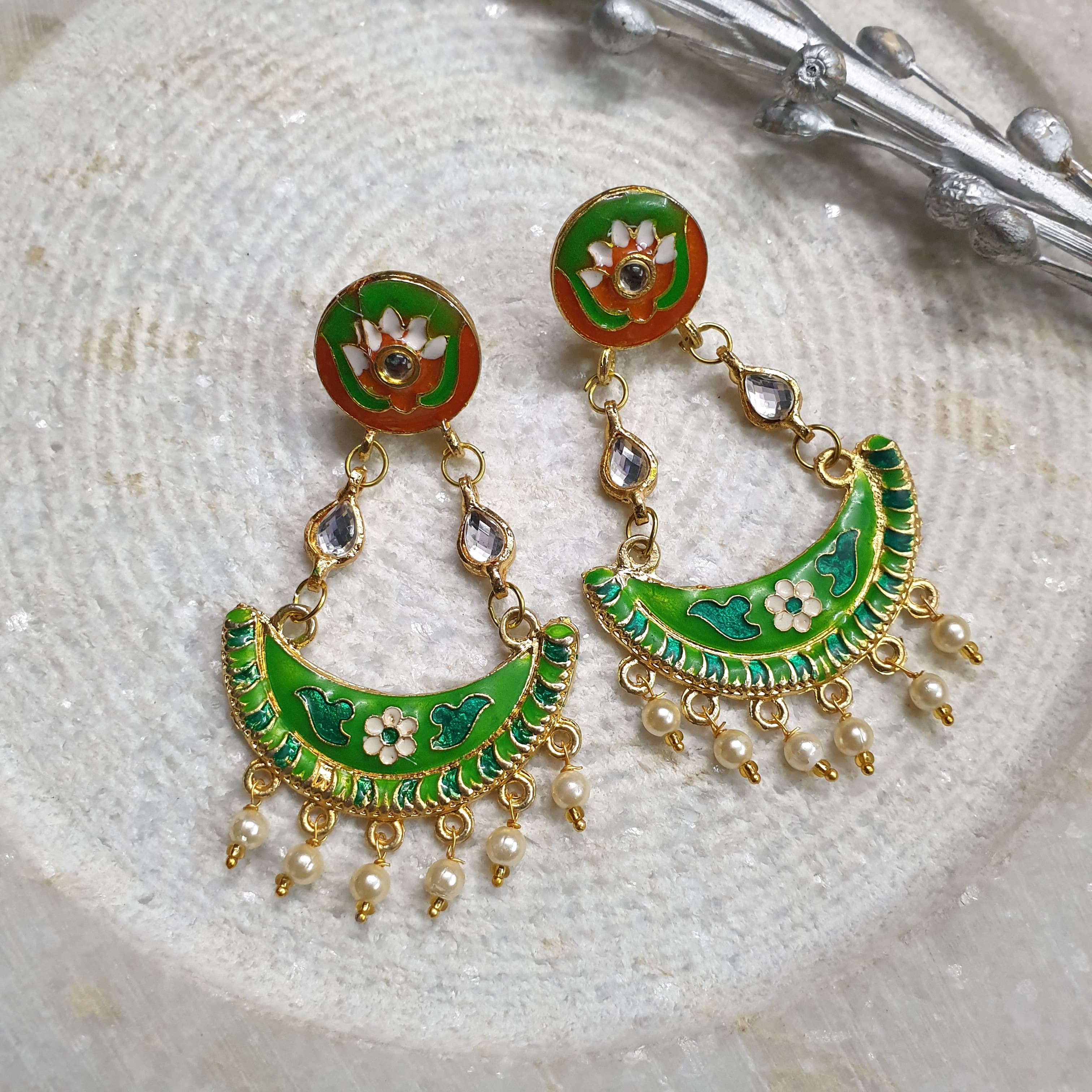 Light Weight Green Orange Meenakari Earrings