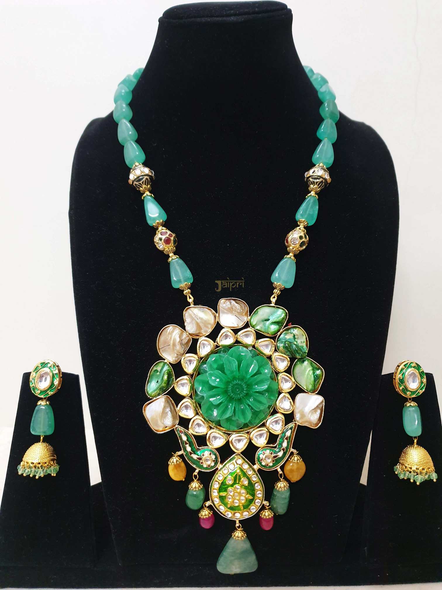 Floral Green Stone Fusion Statement Pendant With Jhumki Earrings