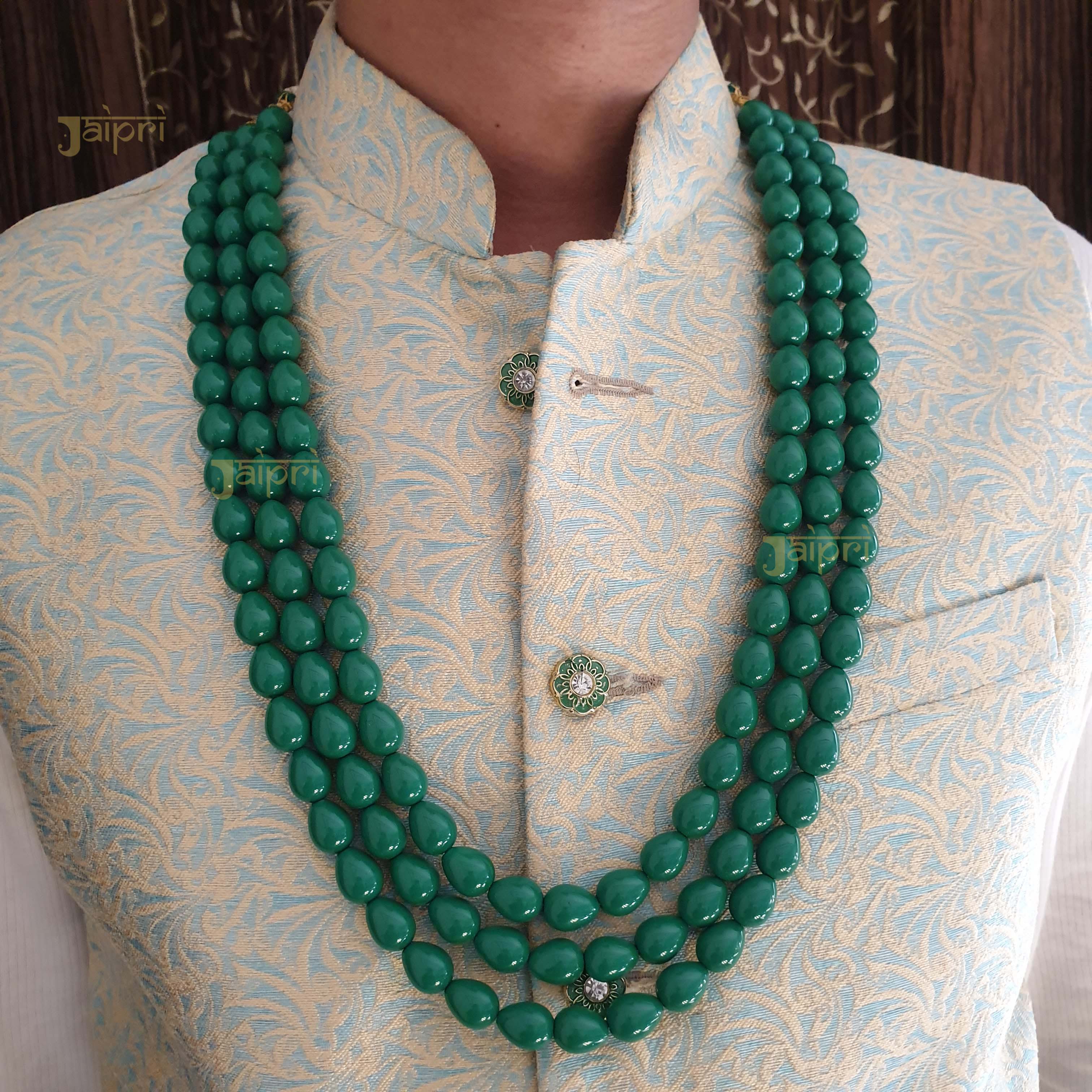 Green Teardrop Three Layered Groom Necklace Set for Sherwani