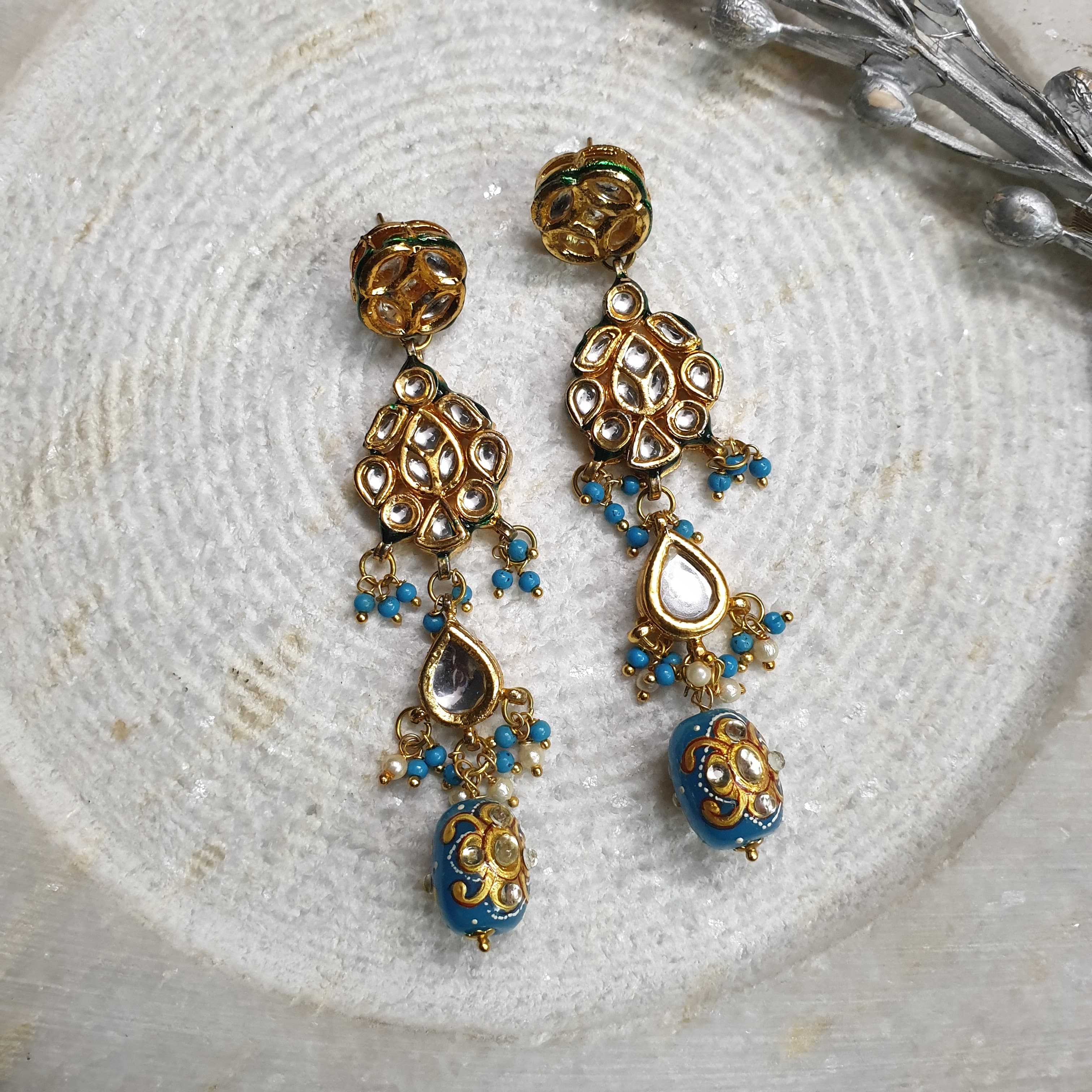 Kundan Long Earrings With Blue Handpainted Beads