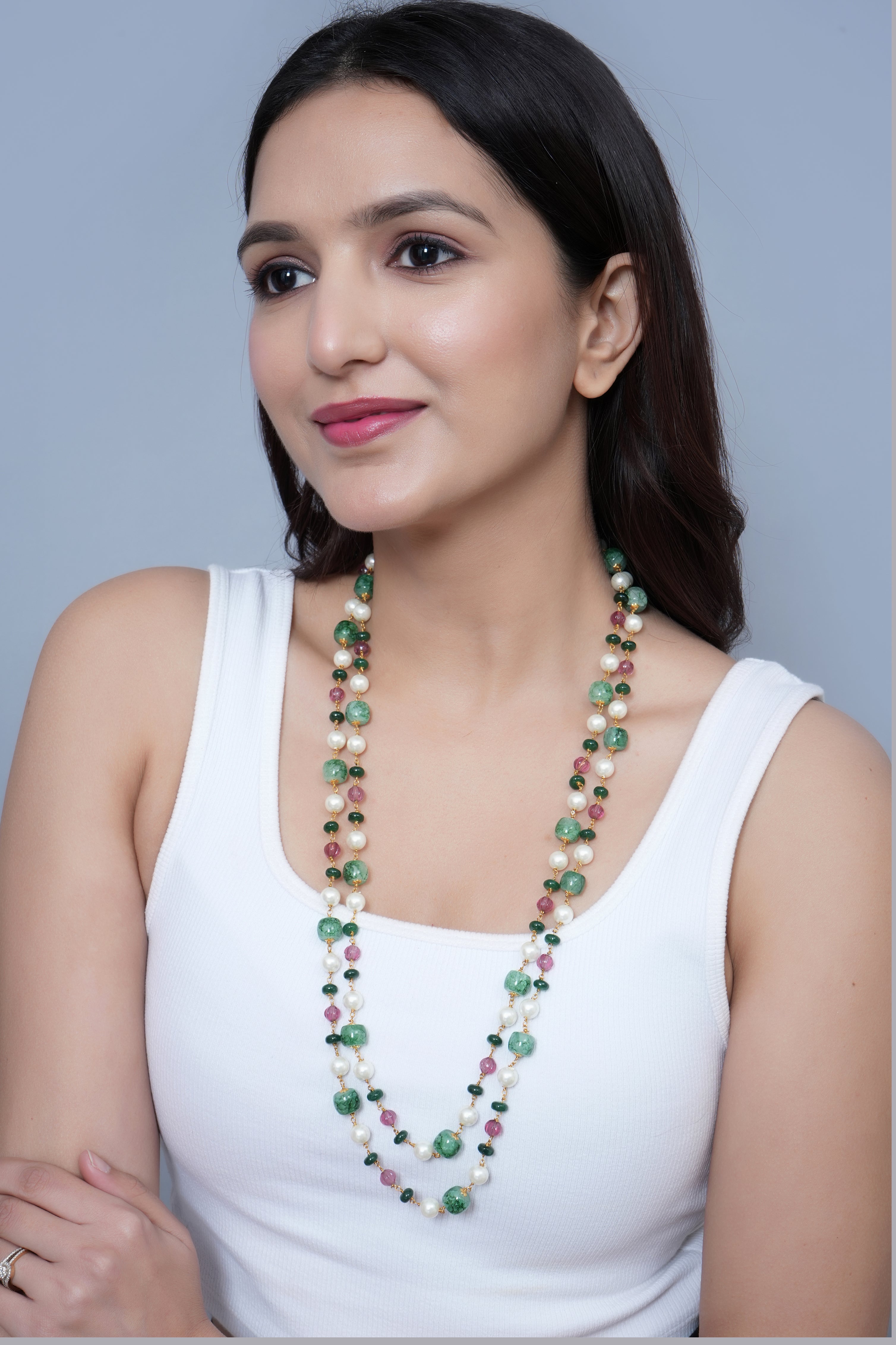 Green Stone Double Layered Beads Pearl Long Mala