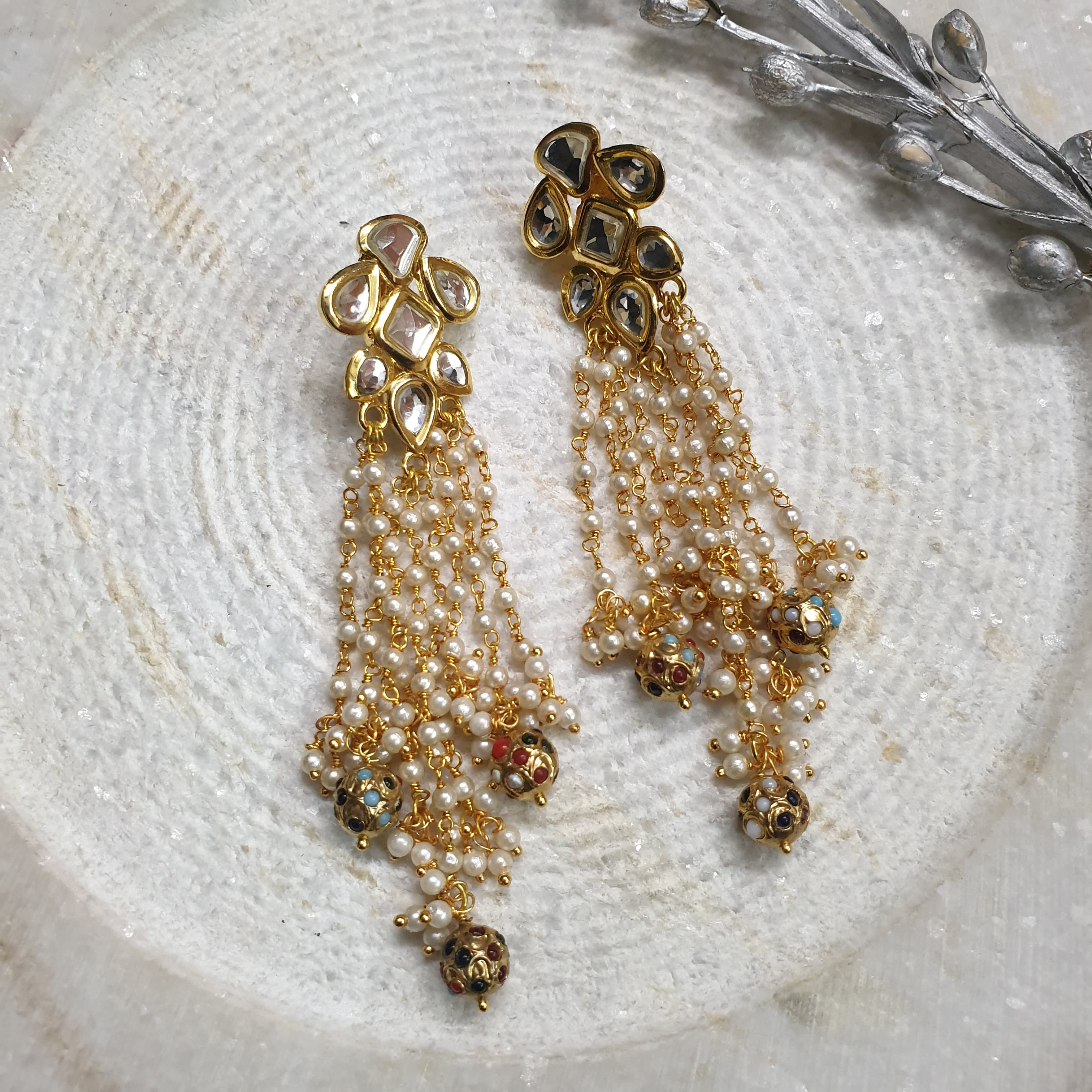 22k Gold Plated Pearl Jadau Kundan Earrings