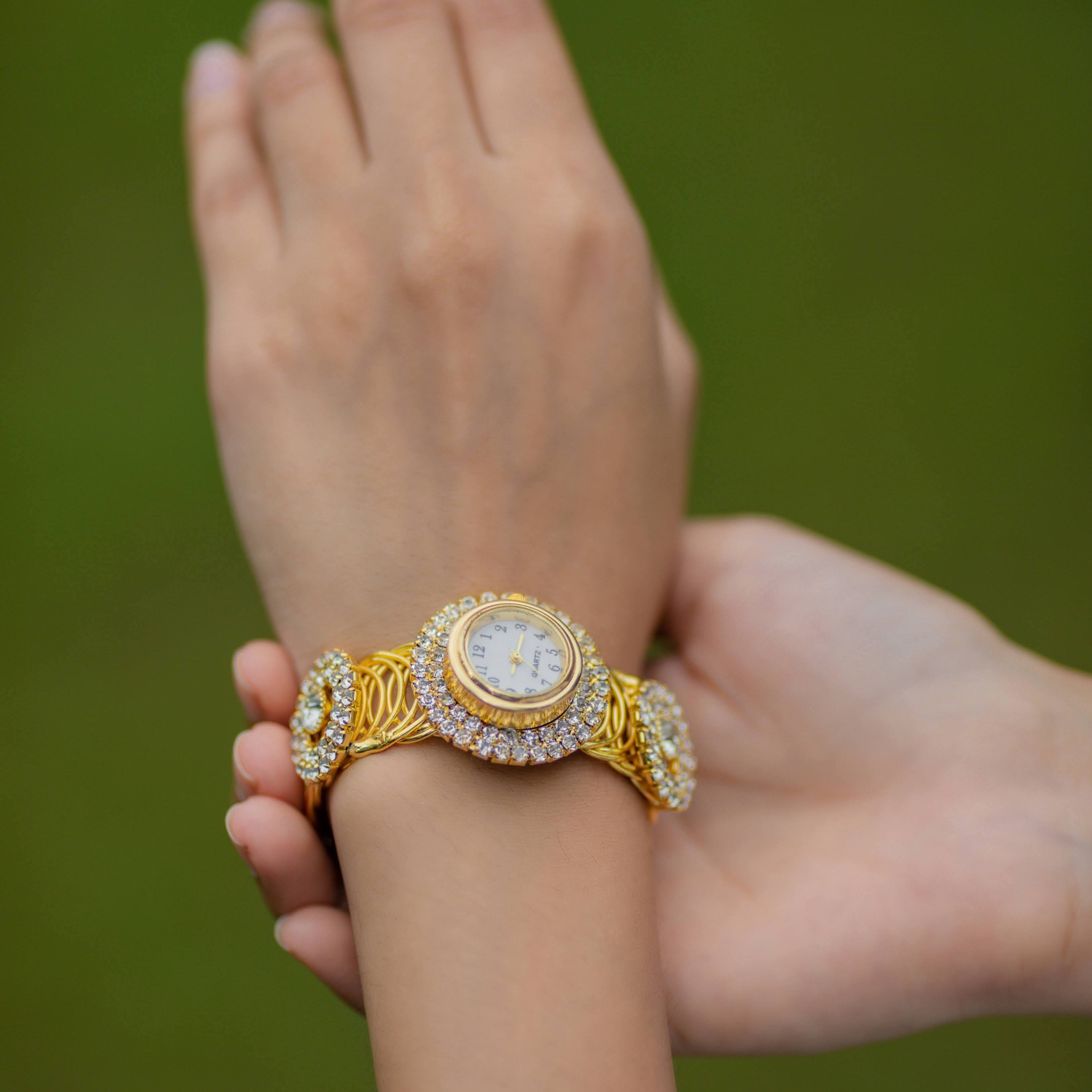 Gold Tone Stone Freesize Adjustable Wrist Watch
