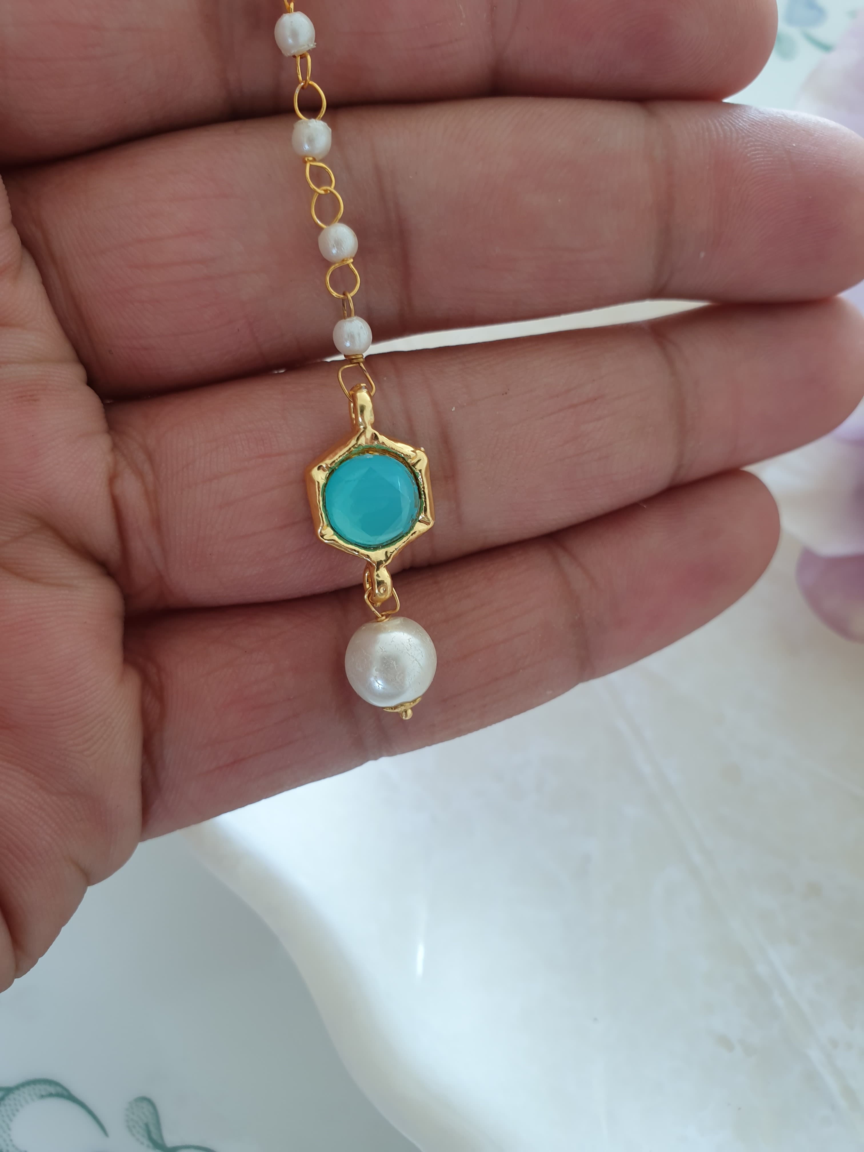 Light Blue Stone Meenakari Pearl Beaded Maang Tikka