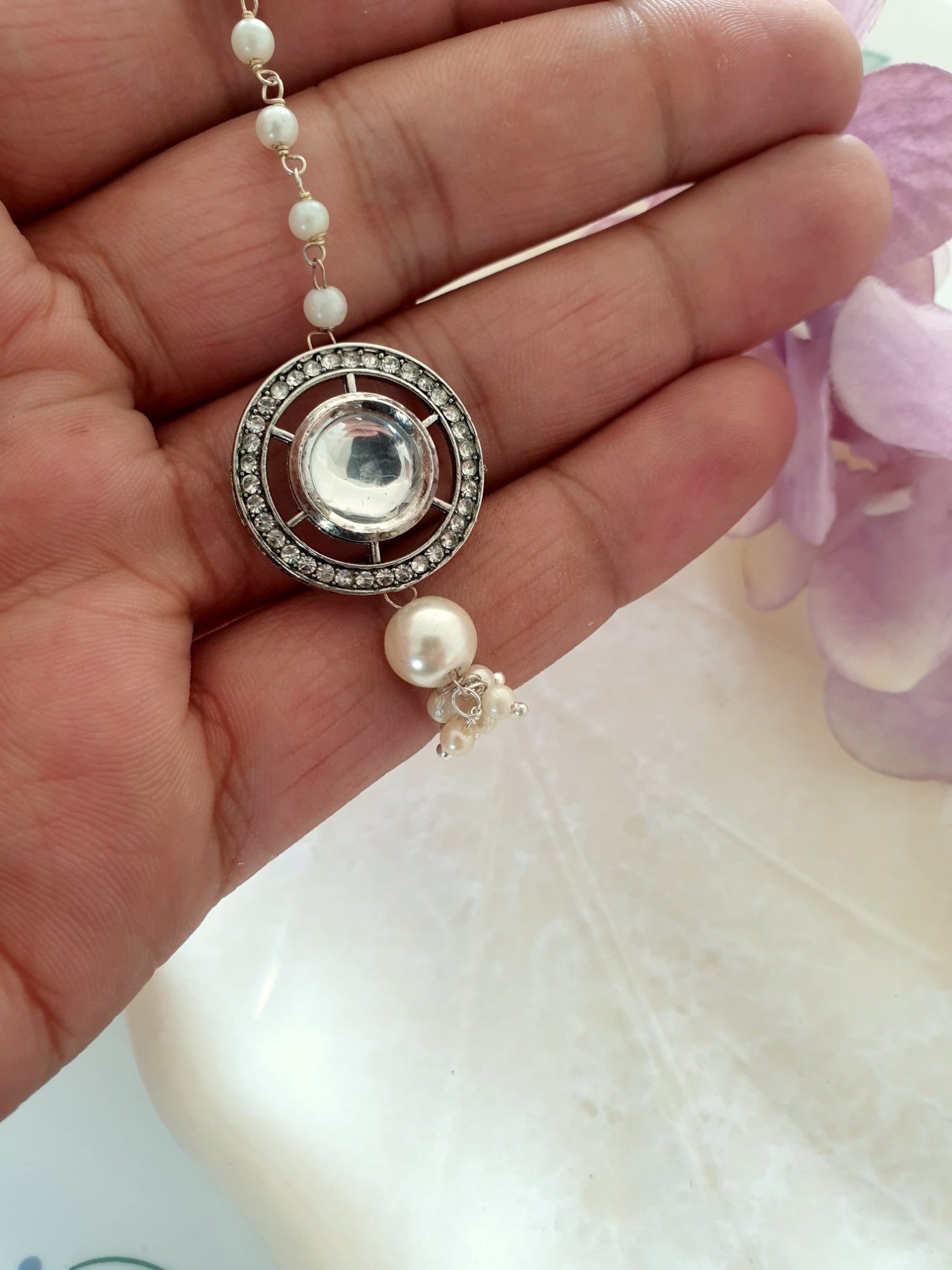 Silver Kundan Polki Pearl Beaded Maang Tikka