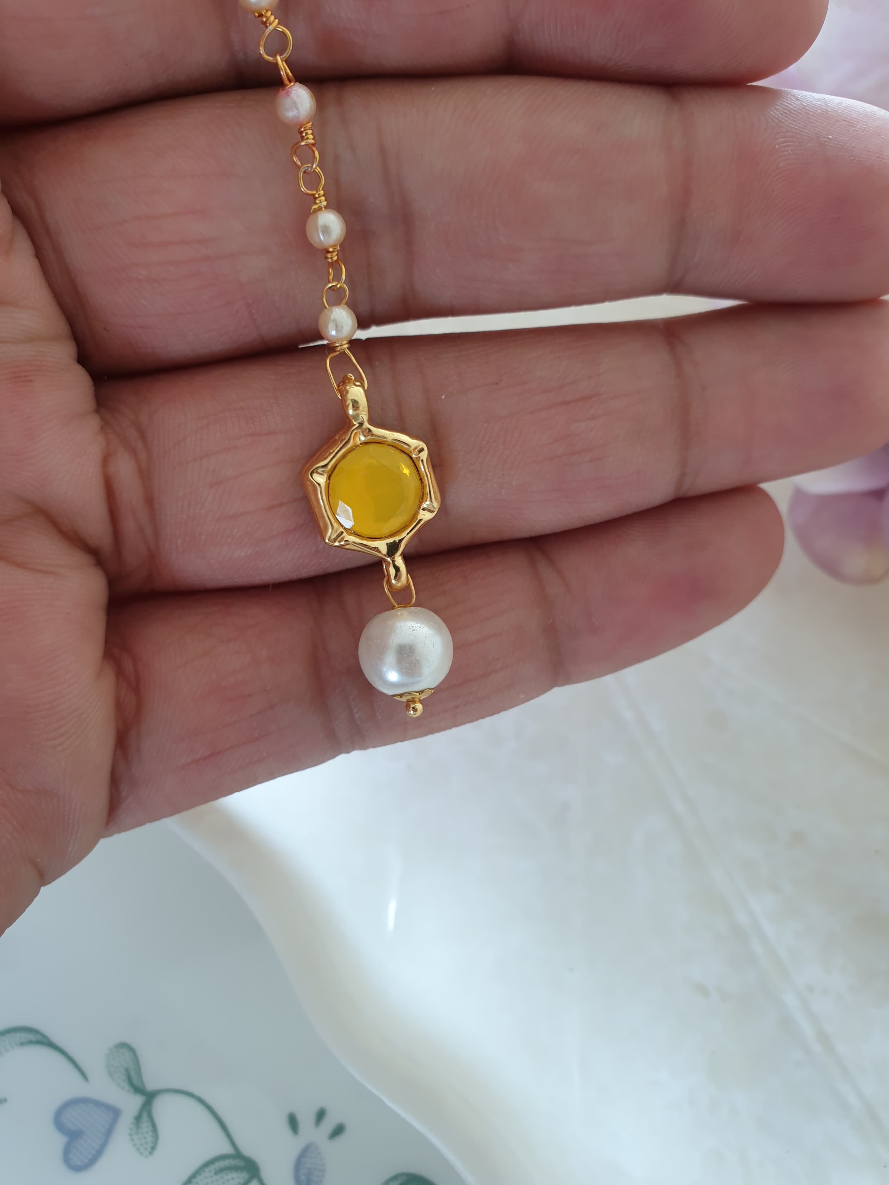 Yellow Stone Meenakari Pearl Beaded Maang Tikka