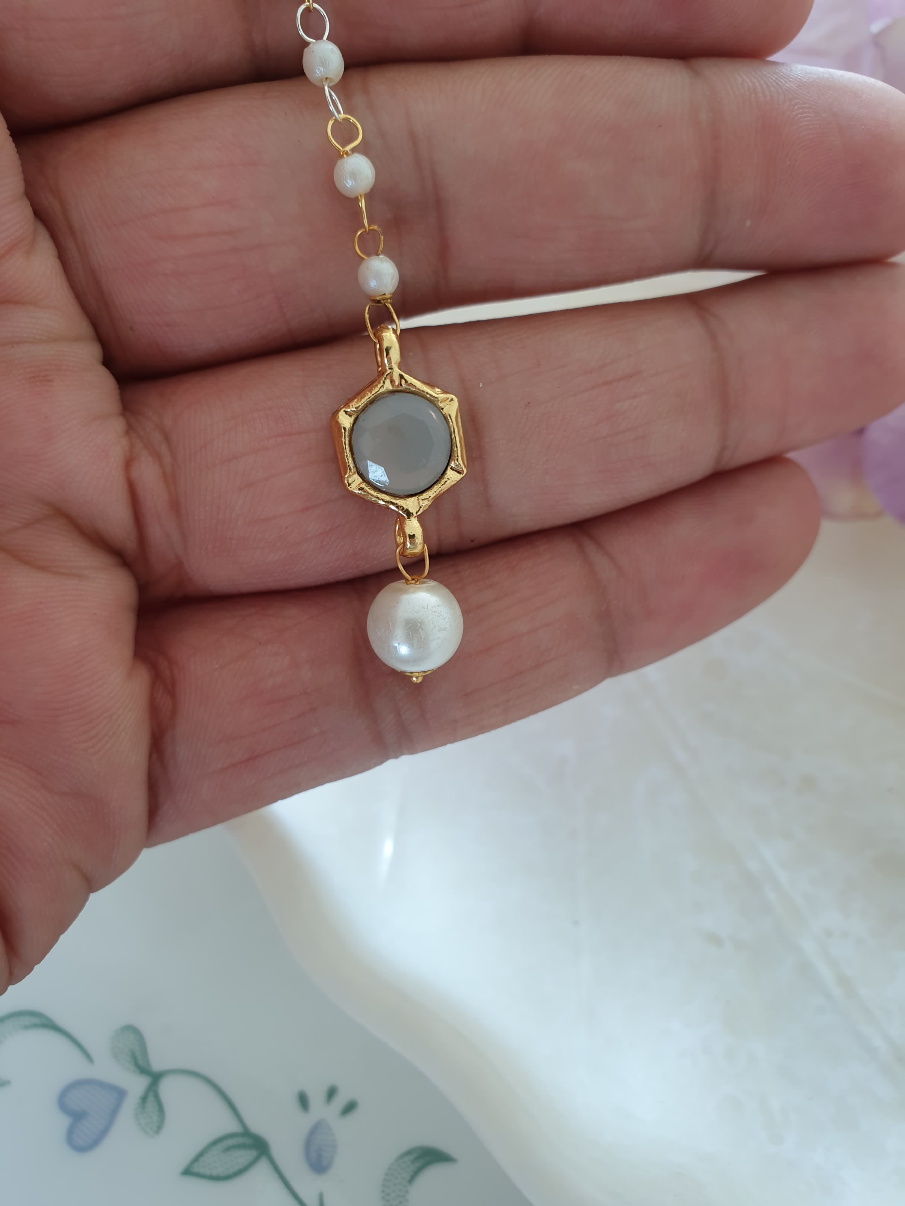 Grey Stone Meenakari Pearl Beaded Maang Tikka