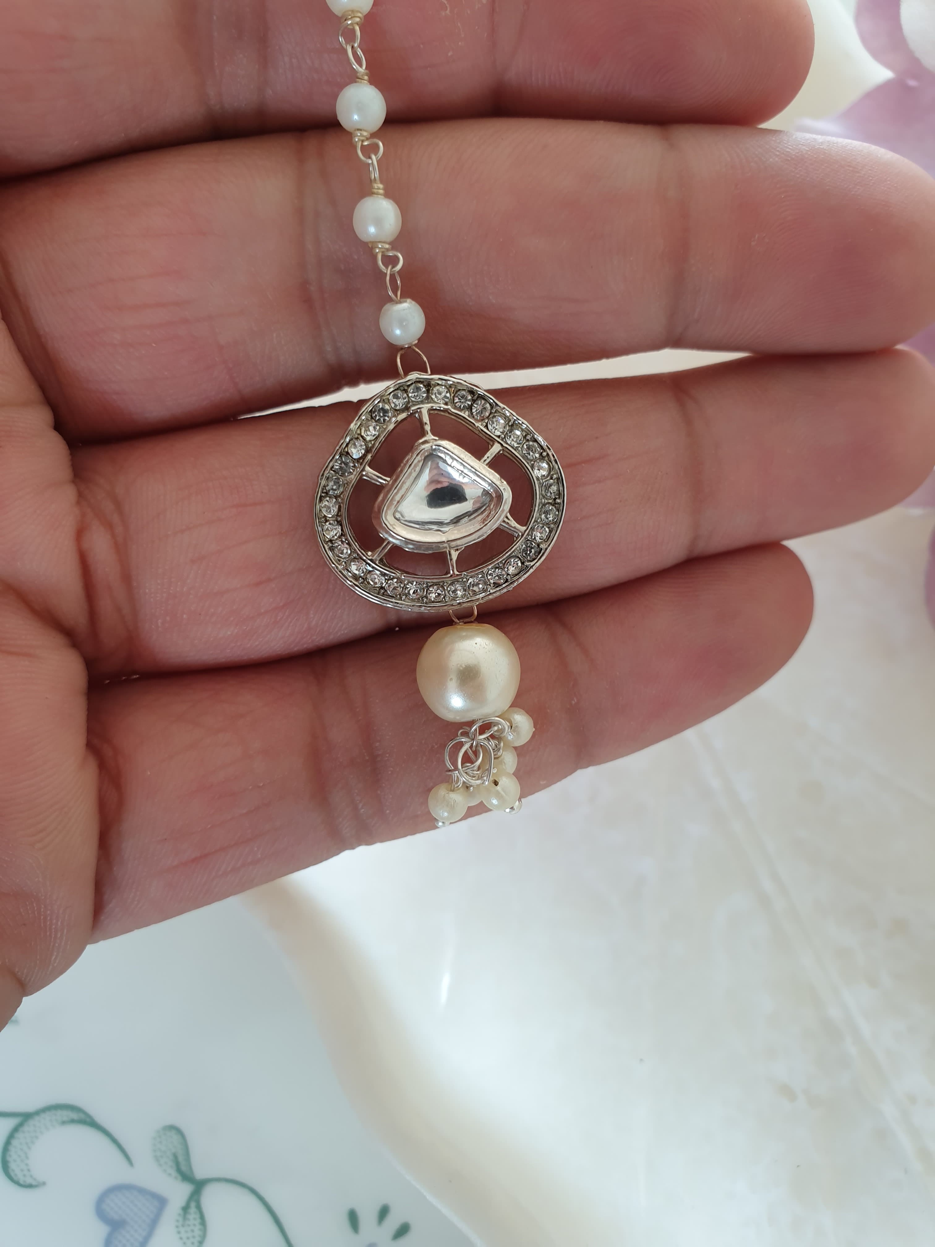 Silver Kundan Polki Pearl Beaded Maang Tikka