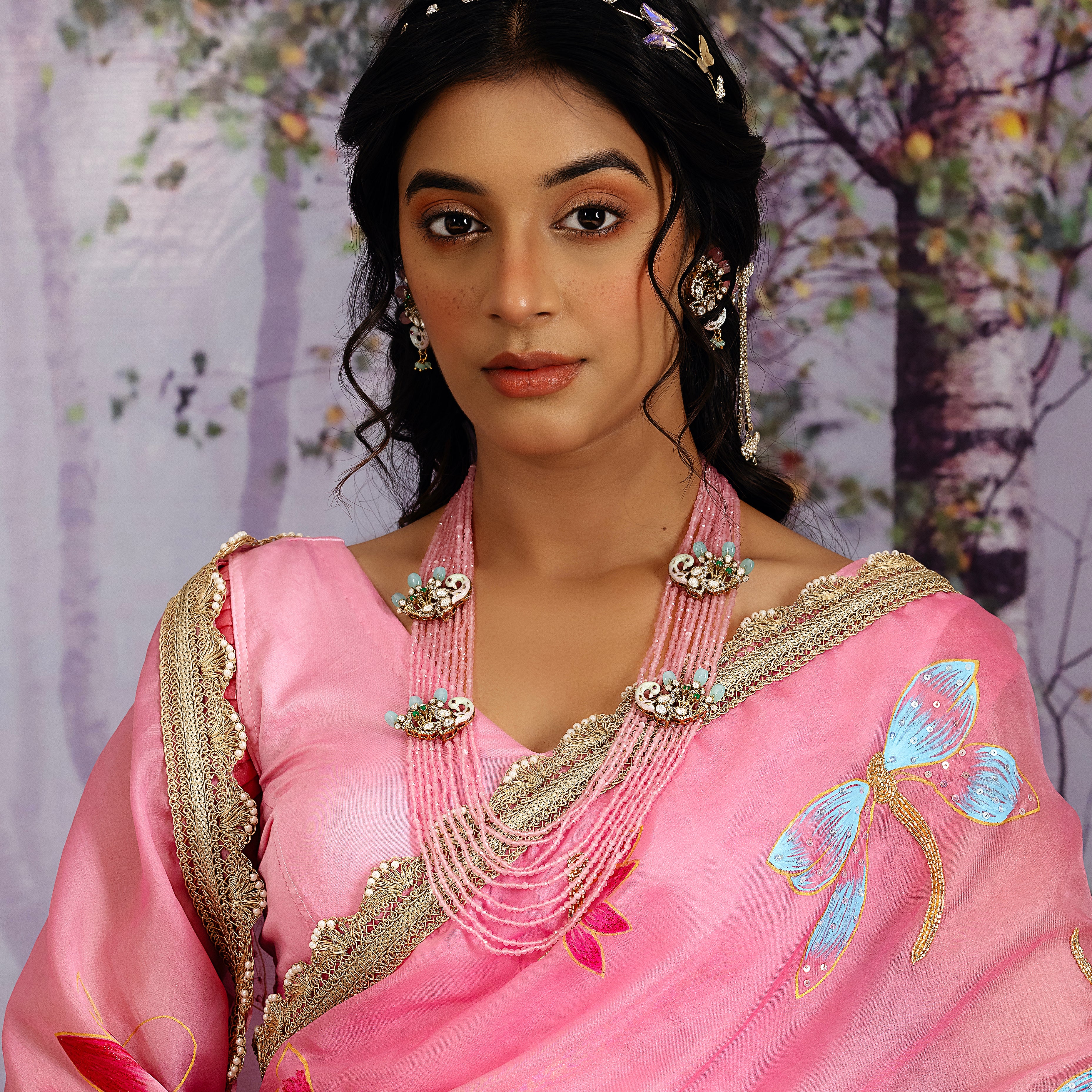 Rose Quartz Peacock Polki Meenakari Necklace