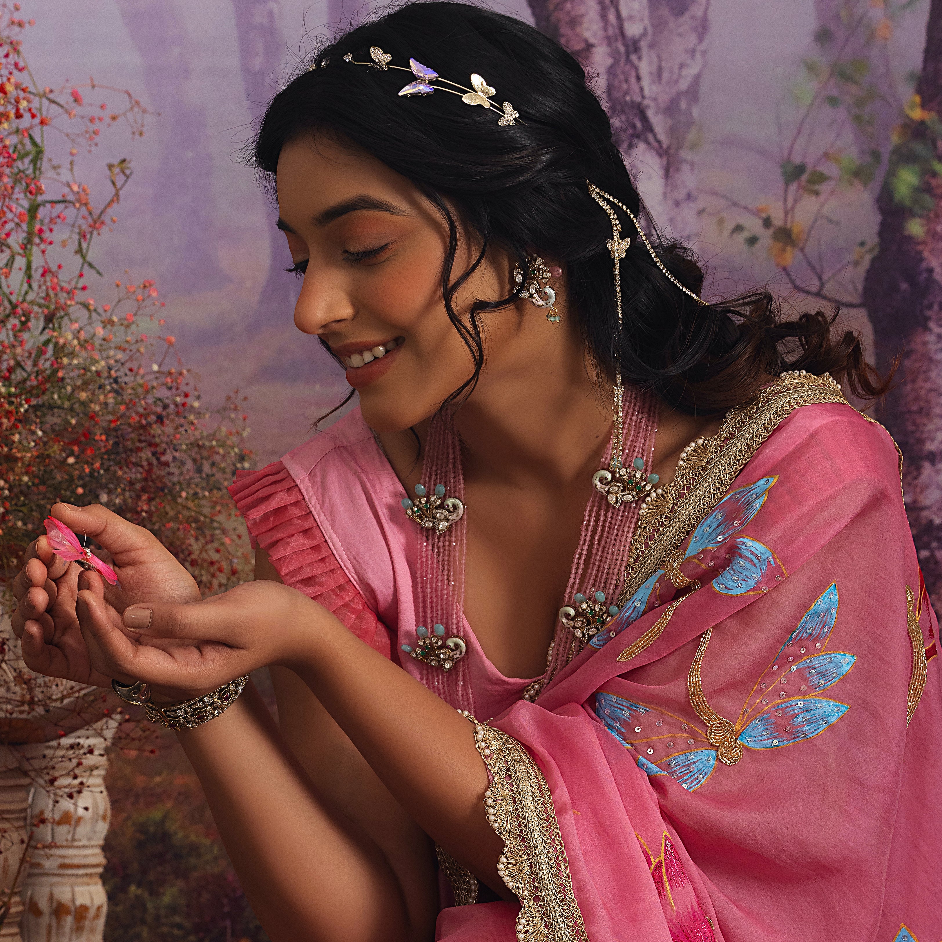 Rose Quartz Peacock Polki Meenakari Necklace