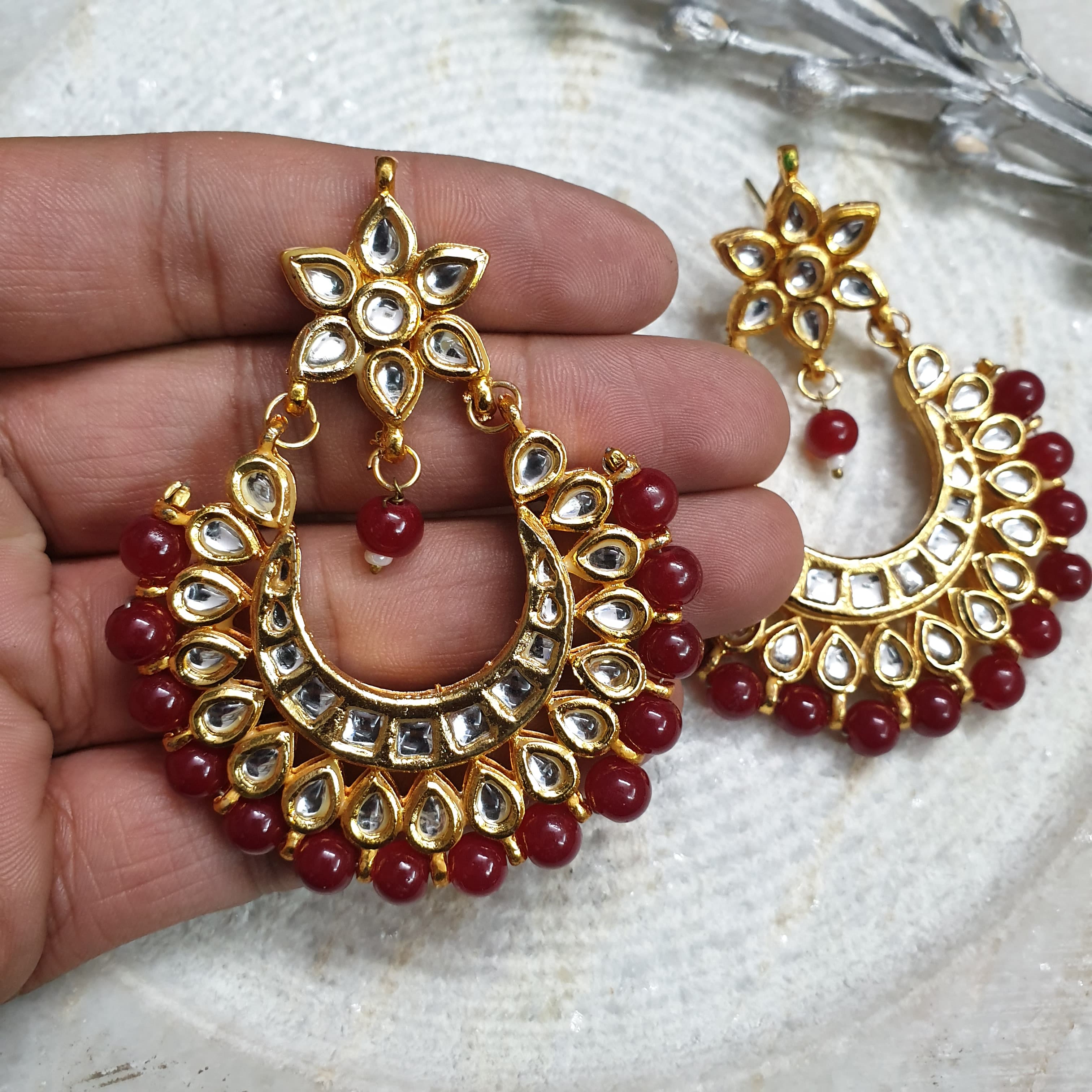 Maroon Beaded Kundan Chandbali Earrings