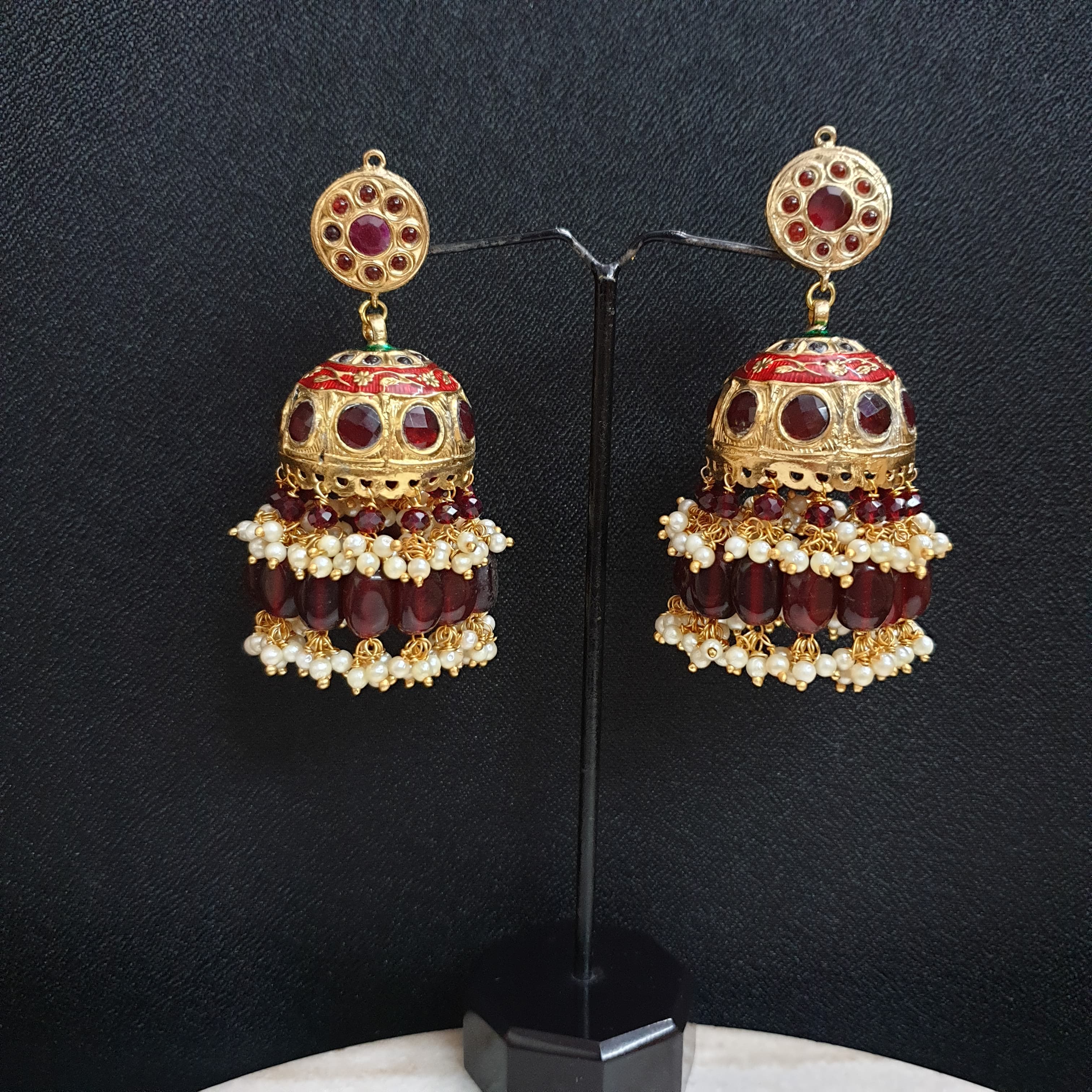 Maroon Jadau Stone Beading Jhumka Earrings