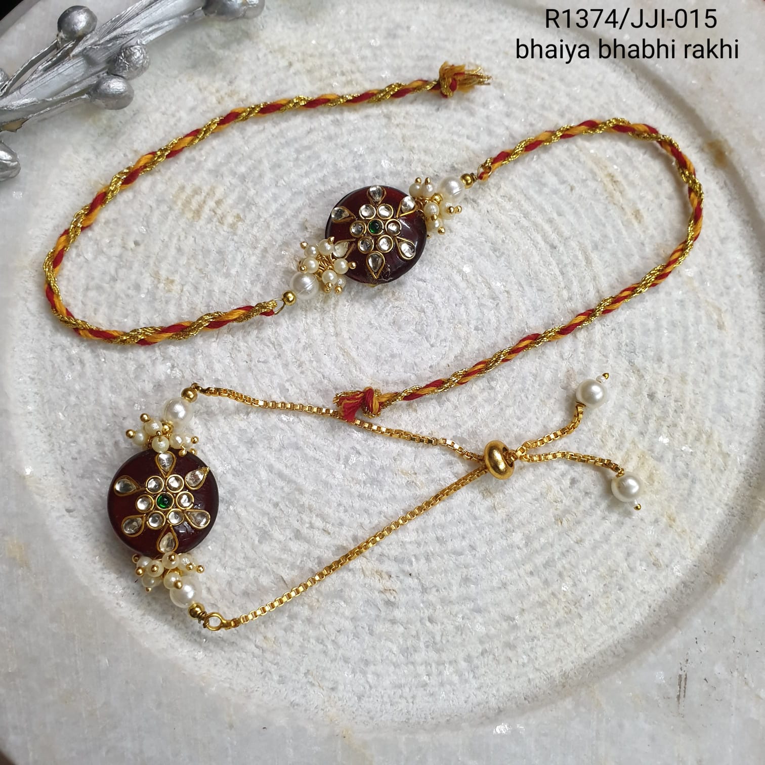Maroon Kundan Rakhi Set For Brother And Bhabhi