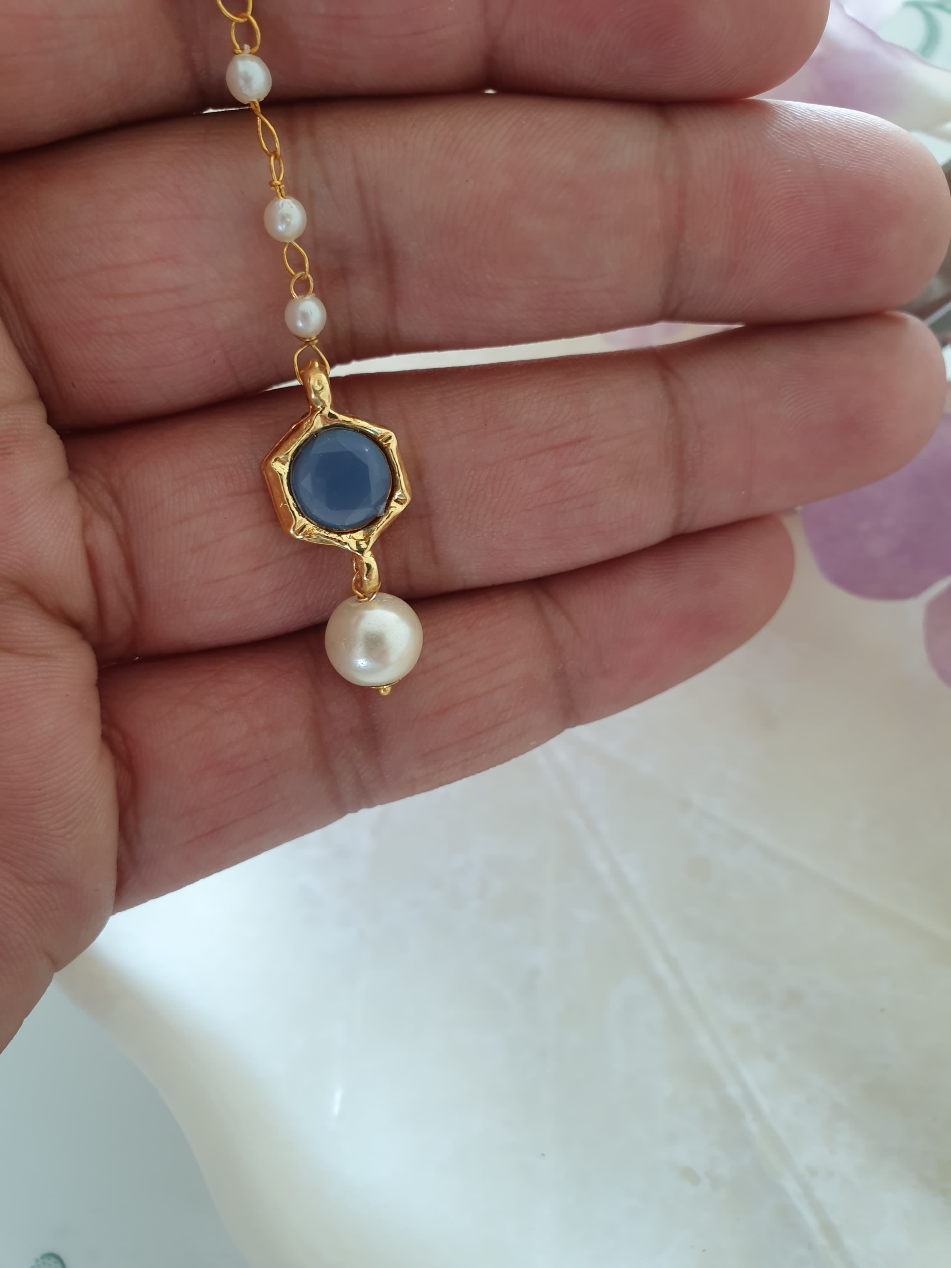 Blue Stone Meenakari Pearl Beaded Maang Tikka