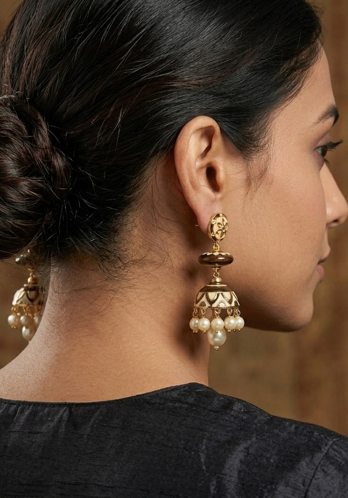 Golden Beige Meenakari Jhumka Earrings
