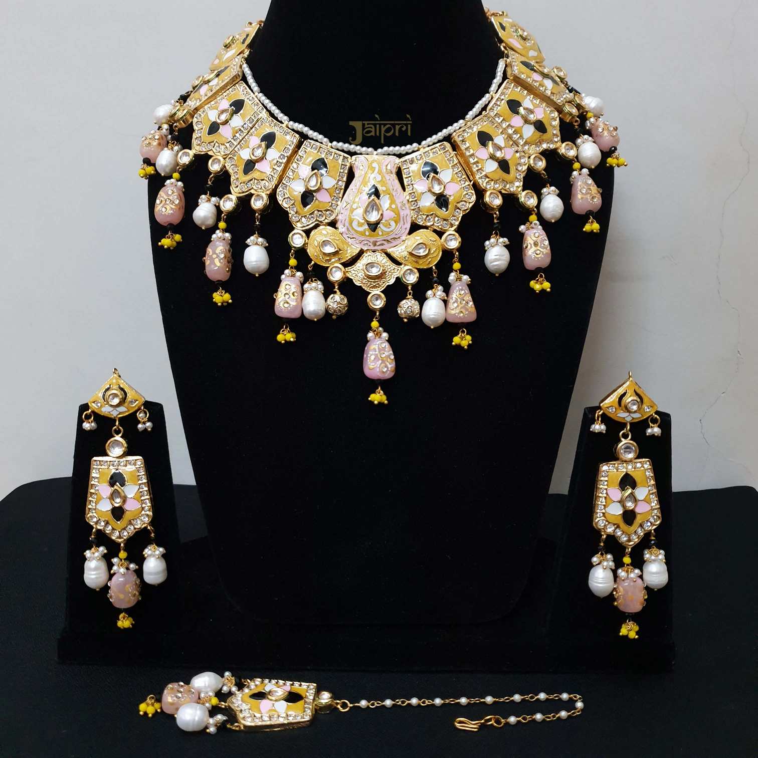 Yellow Meenakari Choker Set With Maangtikka And Earrings
