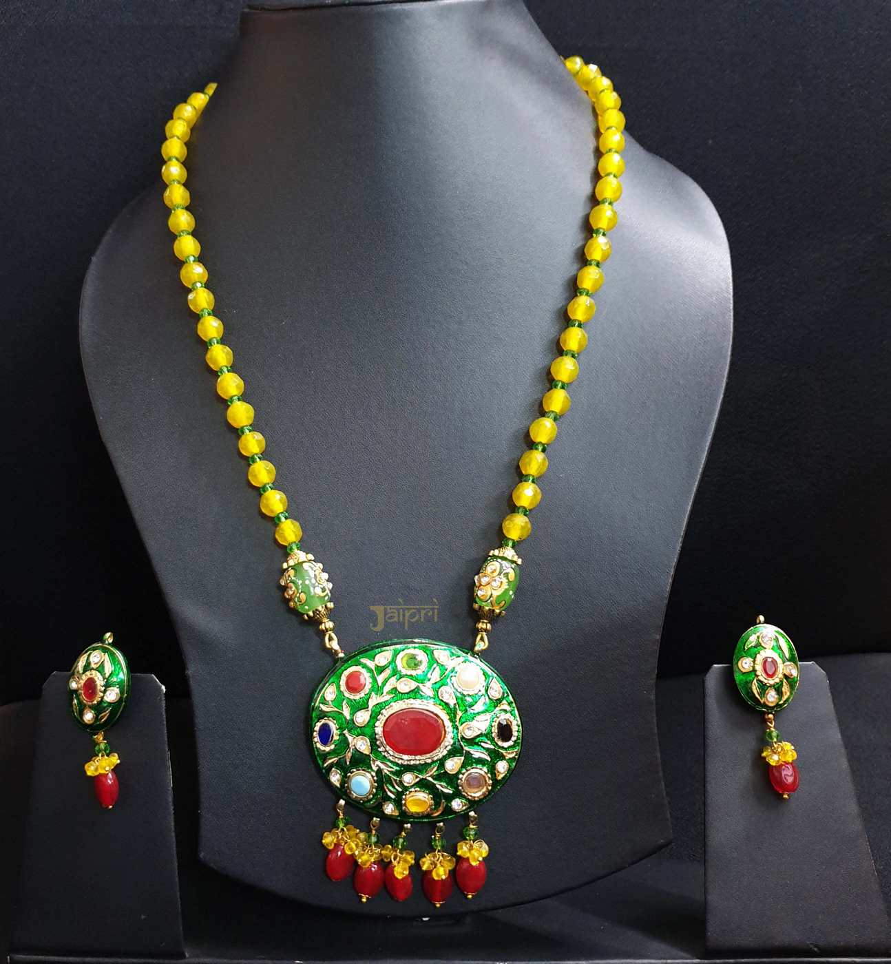 Yellow Meenakari Pendant With Earrings