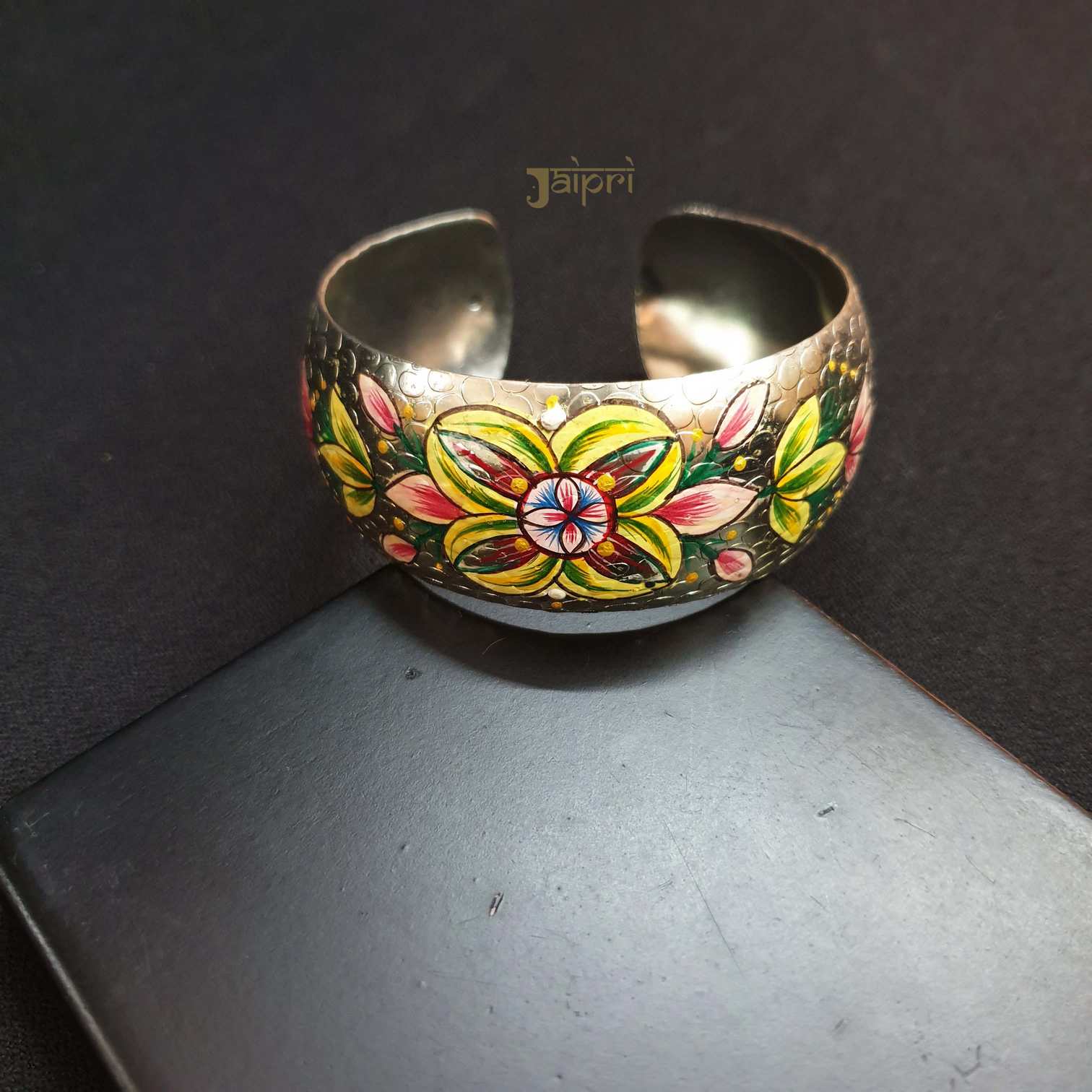 Meenakari Yellow Floral Oxidized Cuff Bangle