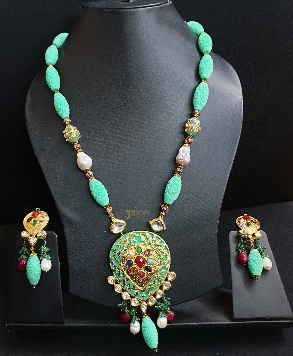 Tear-Drop Firoza Meenakari Pendant With Earrings