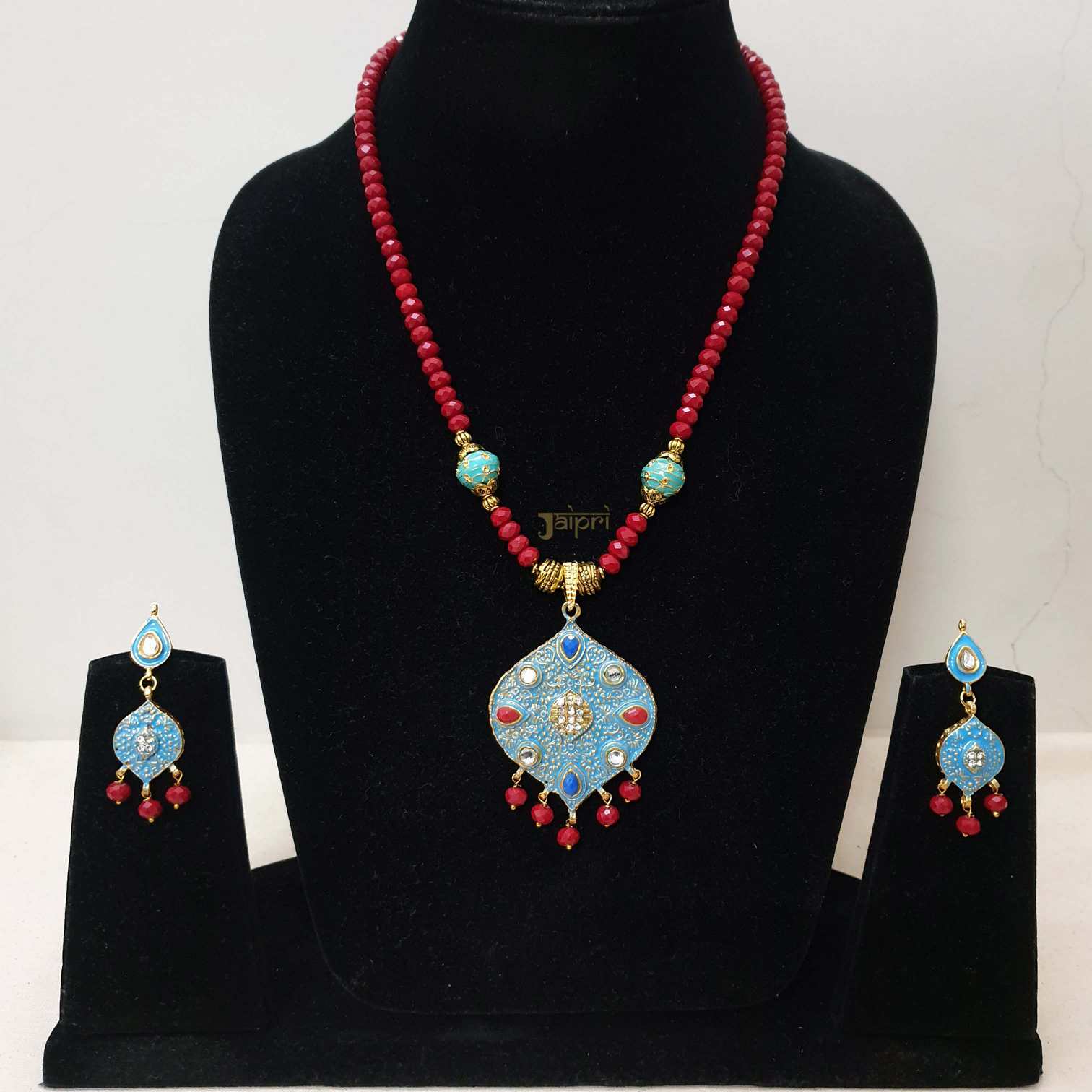 Coral Color Beads With Meenakari Pendant and Earrings