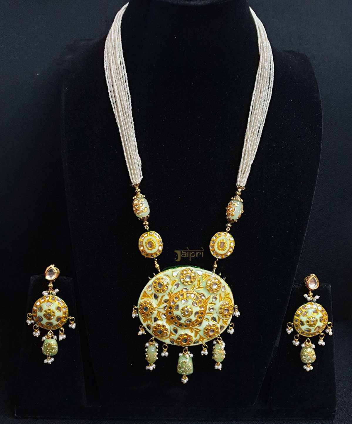 Pearl Stone Meenakari Gold Pendant With Earrings