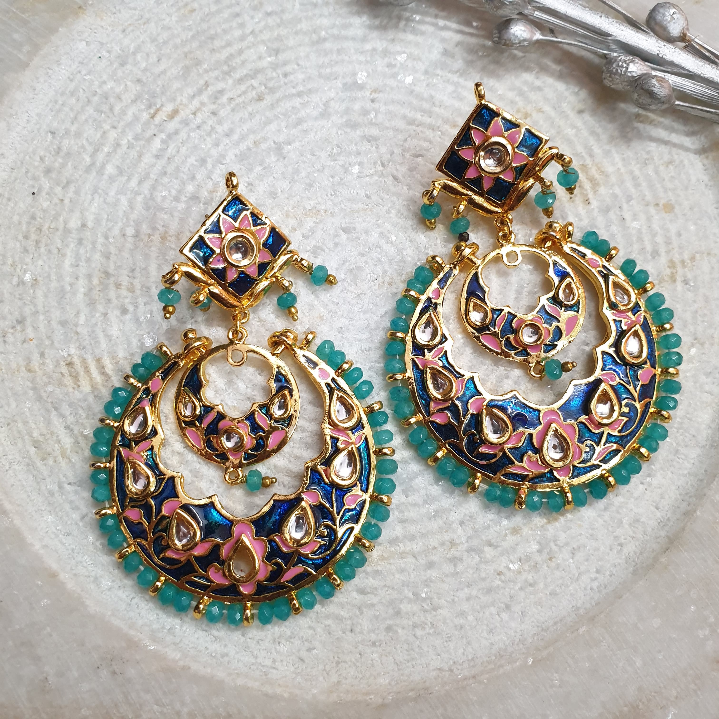 Gold Tone Pink Blue Meenakari Chandbali Earrings