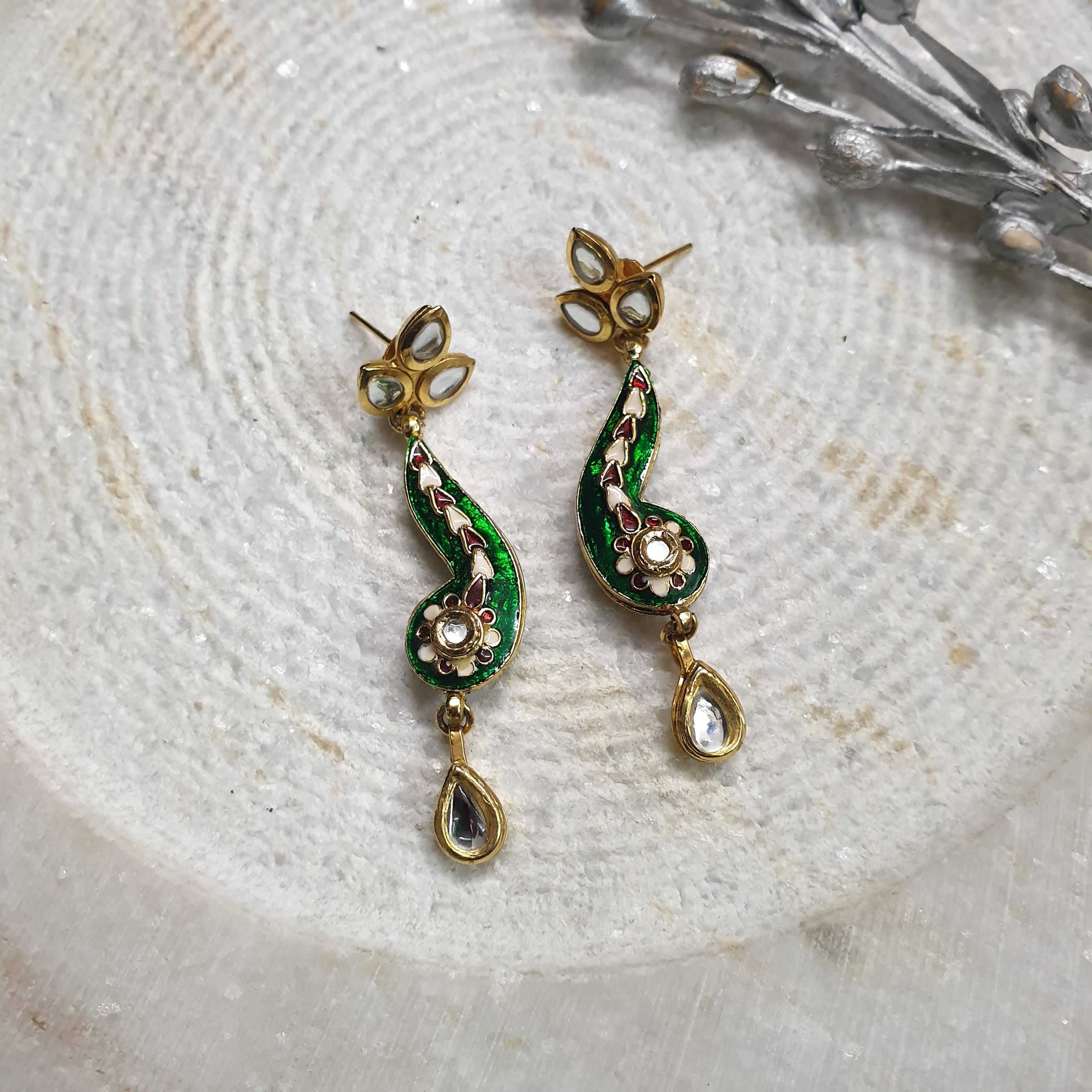 22k Gold Plated Green Meenakari Floral Earrings