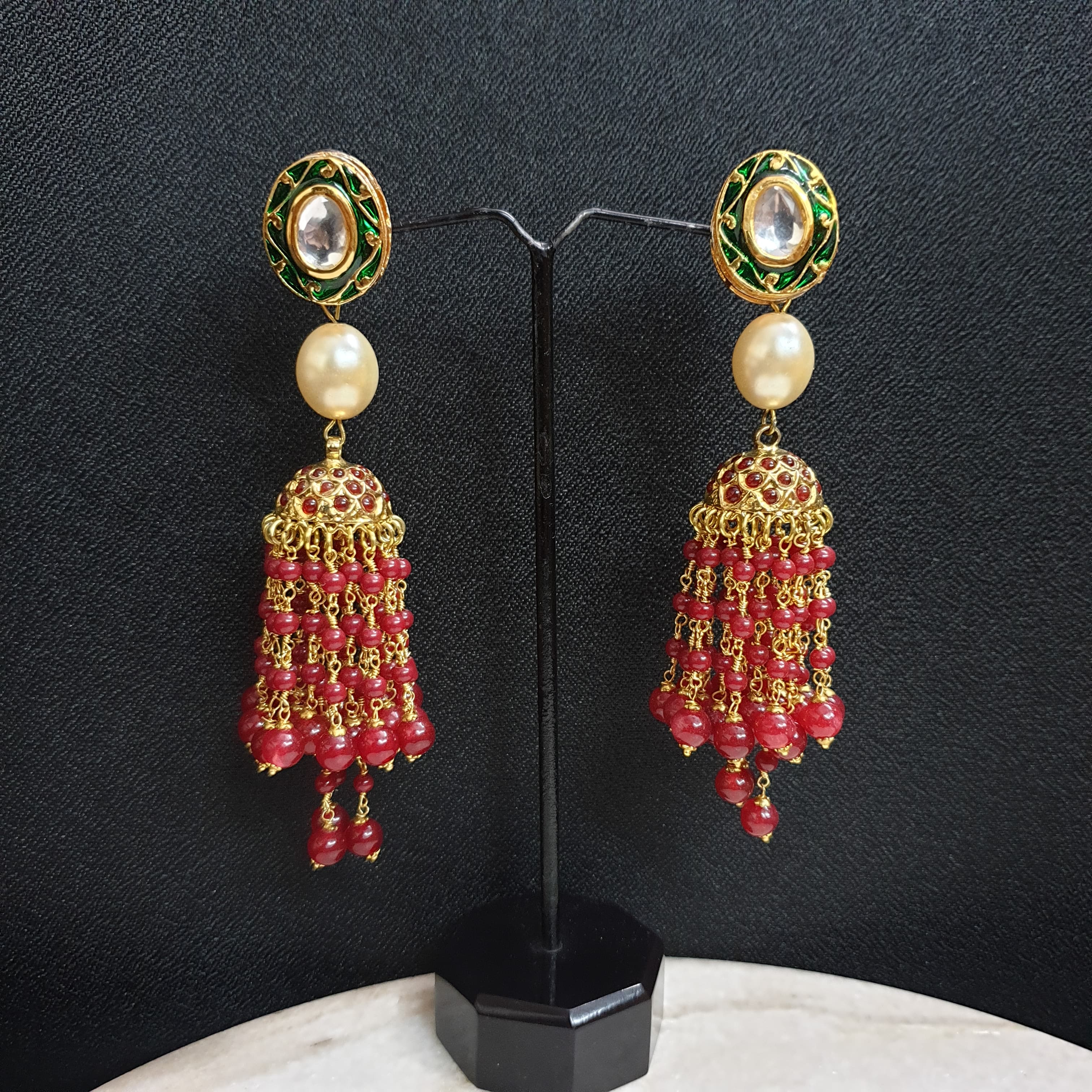 Red Jadau Long Earrings